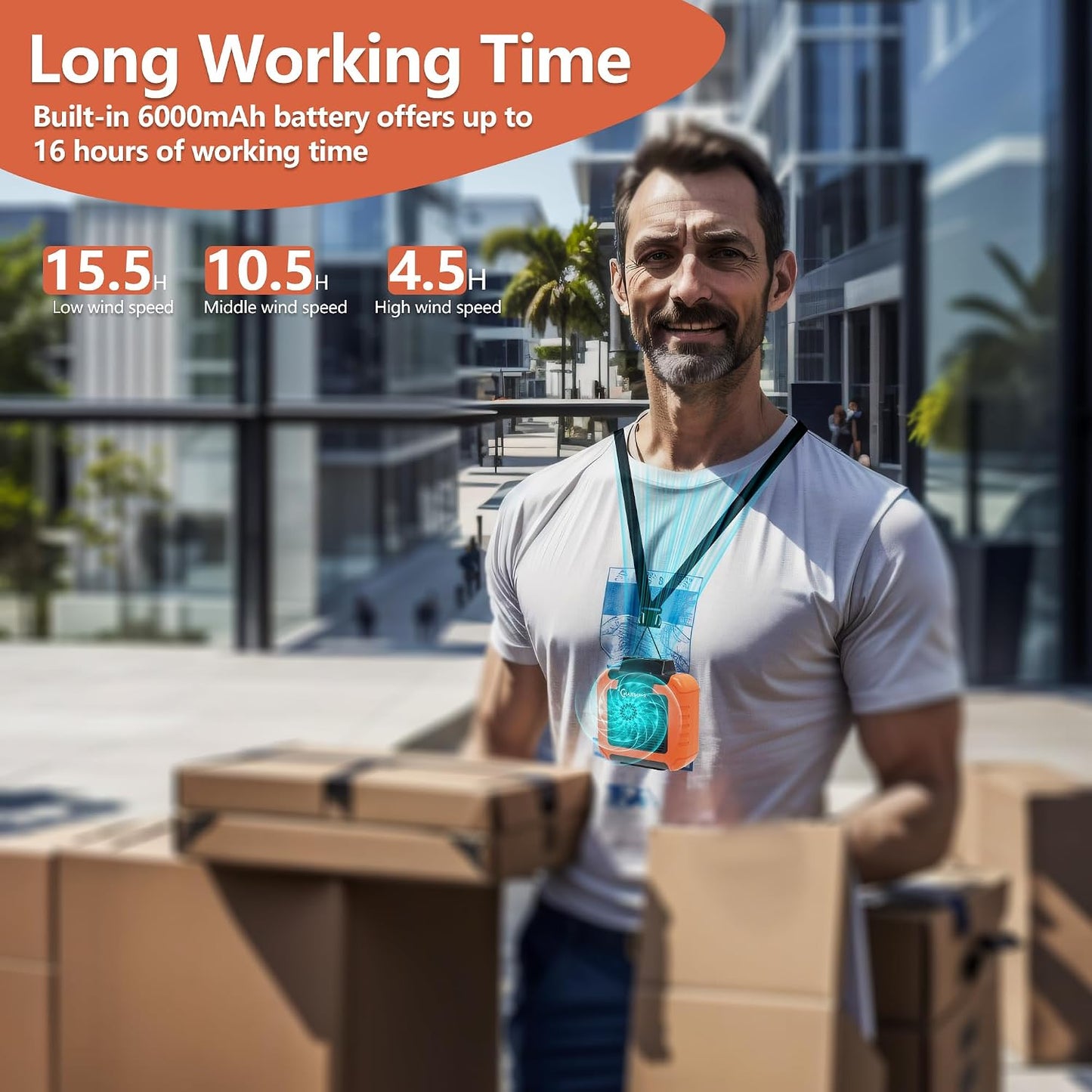 Portable Waist Fan - 6000mAh Battery, 3 Speeds, Strong Airflow, Up to 16 Hours Working Time, Portable Hands-Free Cooling Belt Clip Fan for Construction Workers, Couriers, and Campers BST202