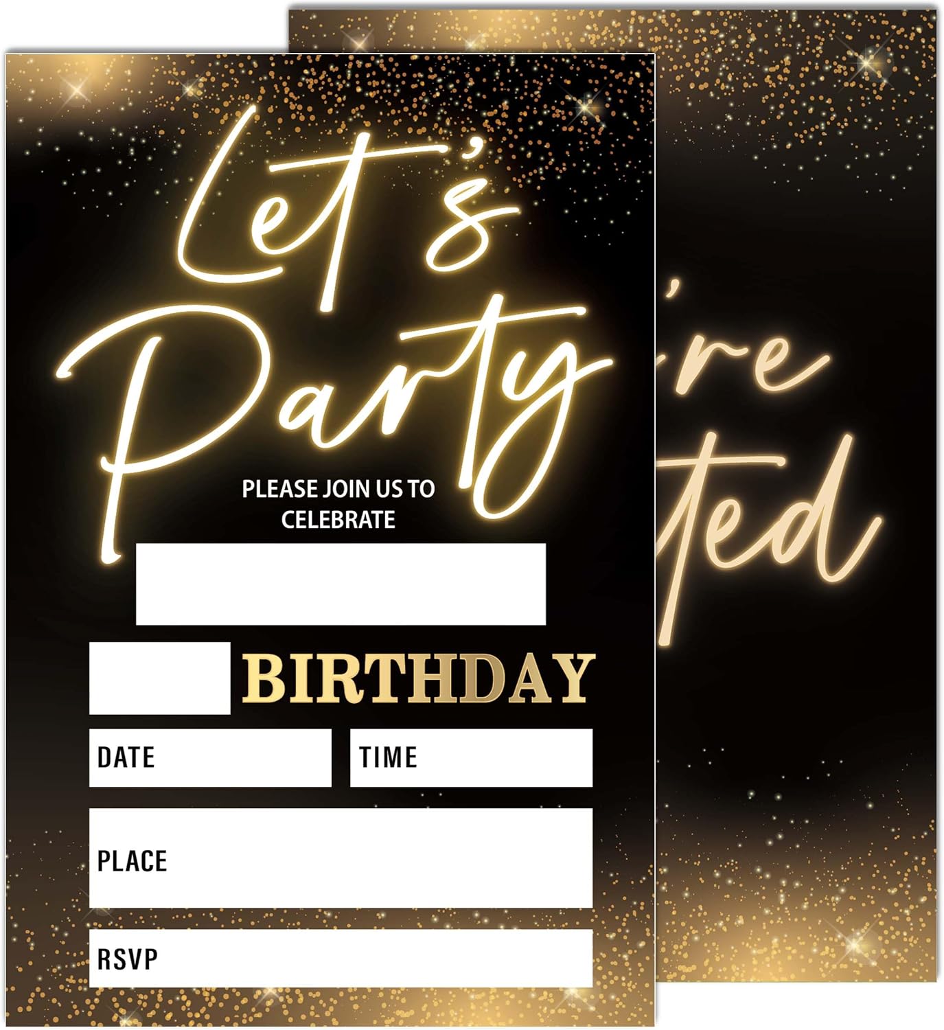 Let's Party! Gold Birthday Invitations, 4x6 Inch, 20Pcs Double-Sided Fill-In Cards & Envelopes for Boys, Girls, Birthday Parties WN420