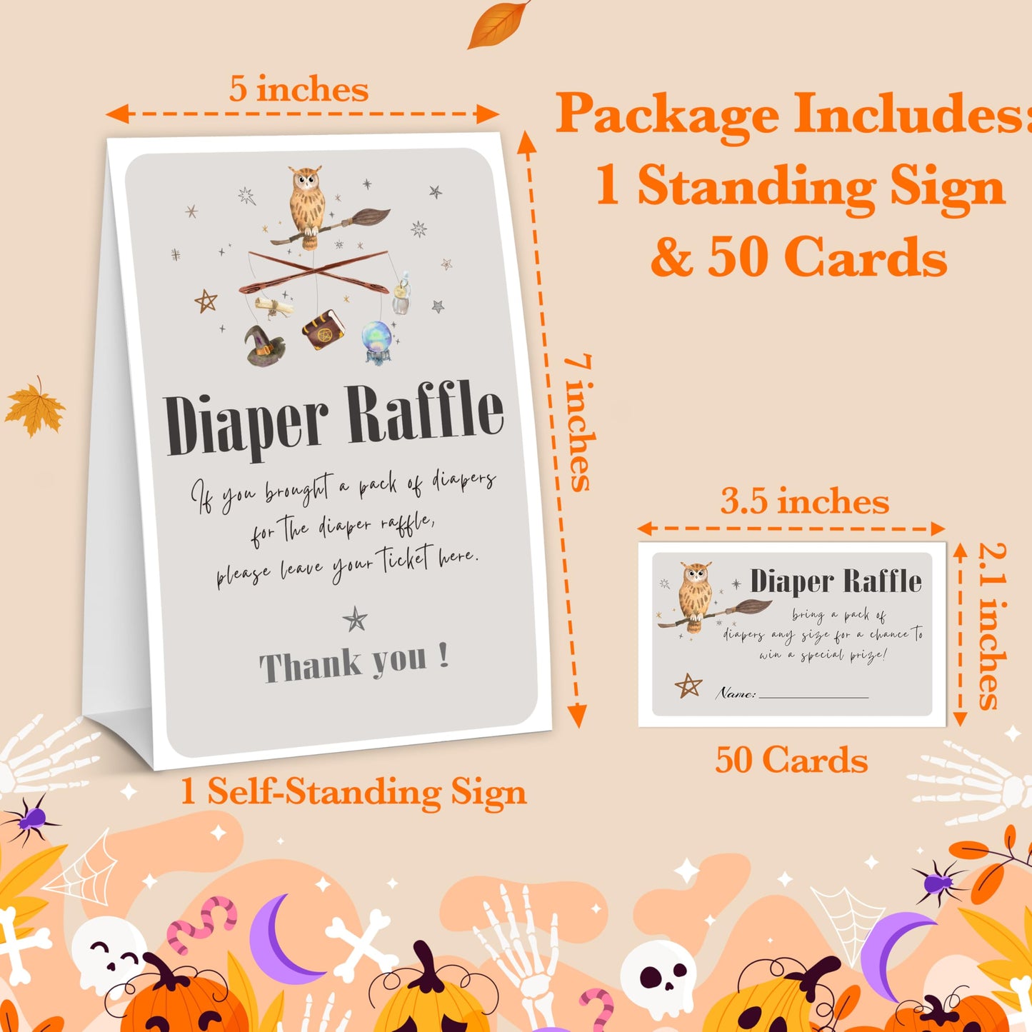 Halloween Baby Shower Measure The Baby Bump, 1 Self-Standing Sign + 50 Tickets for Little Ghost Gender Reveal Announcement Party Favor Supplies - D12 BST326L