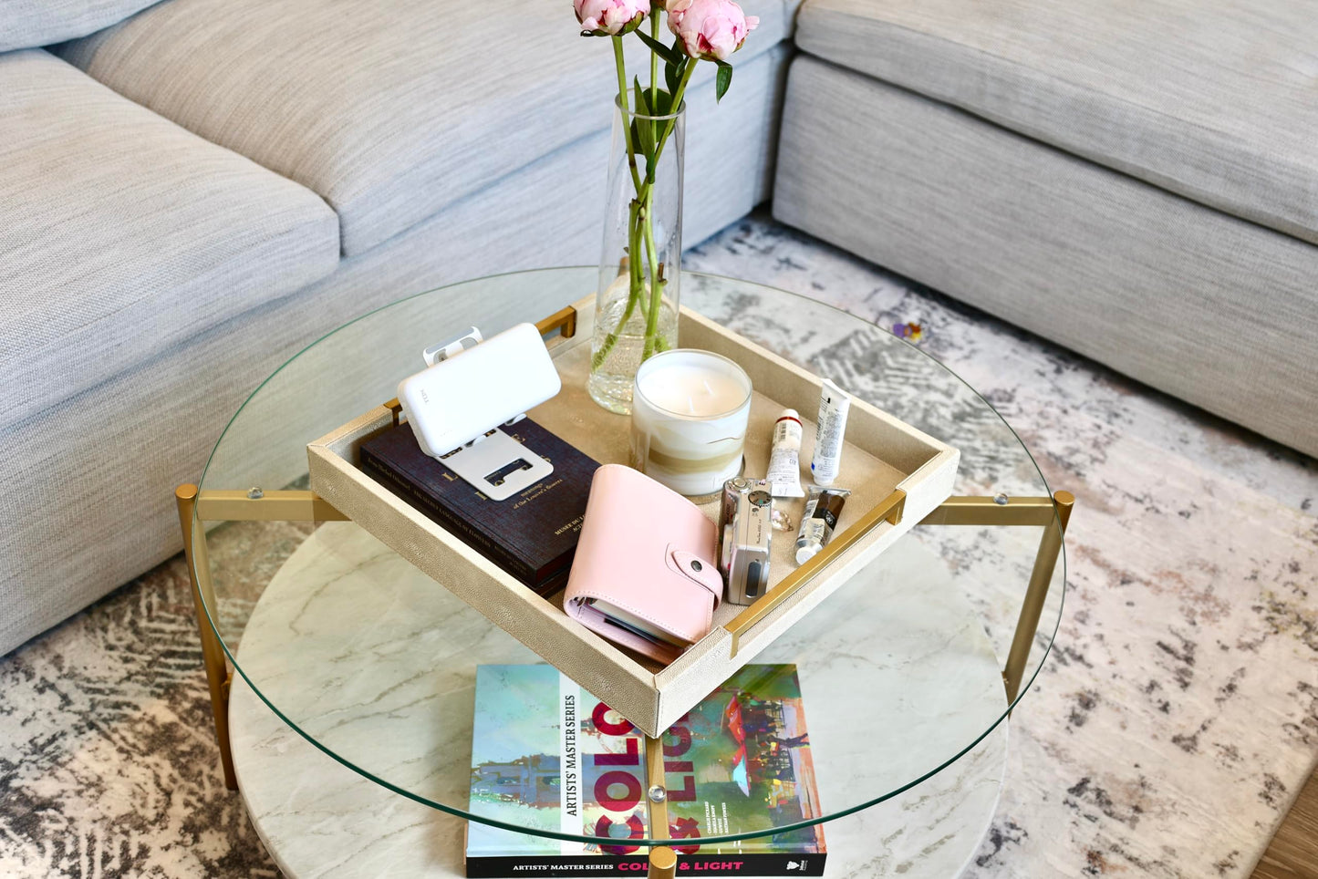 Sagala 16"x16" Ivory Shagreen Leather Serving Tray with Handles for Ottoman Coffee Table, Stylish Decorative Tray for Living Room Modern Home Decor (Ivory-Black, Square 16") BST220