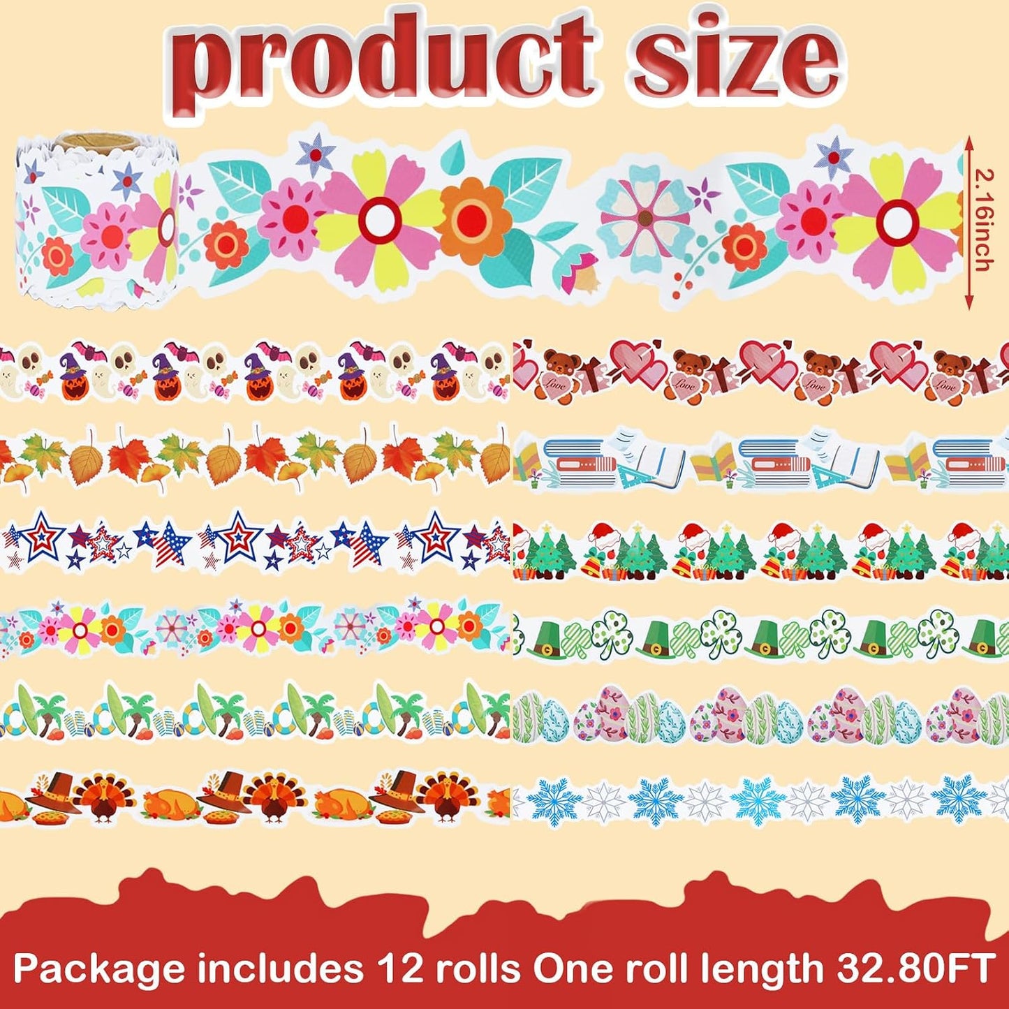12 Rolls 394ft Holiday Bulletin Board Borders, Bulletin Board Decorations, Pumpkin Halloween Thanksgiving Christmas Trim for School Classroom Wall Decor BST326H