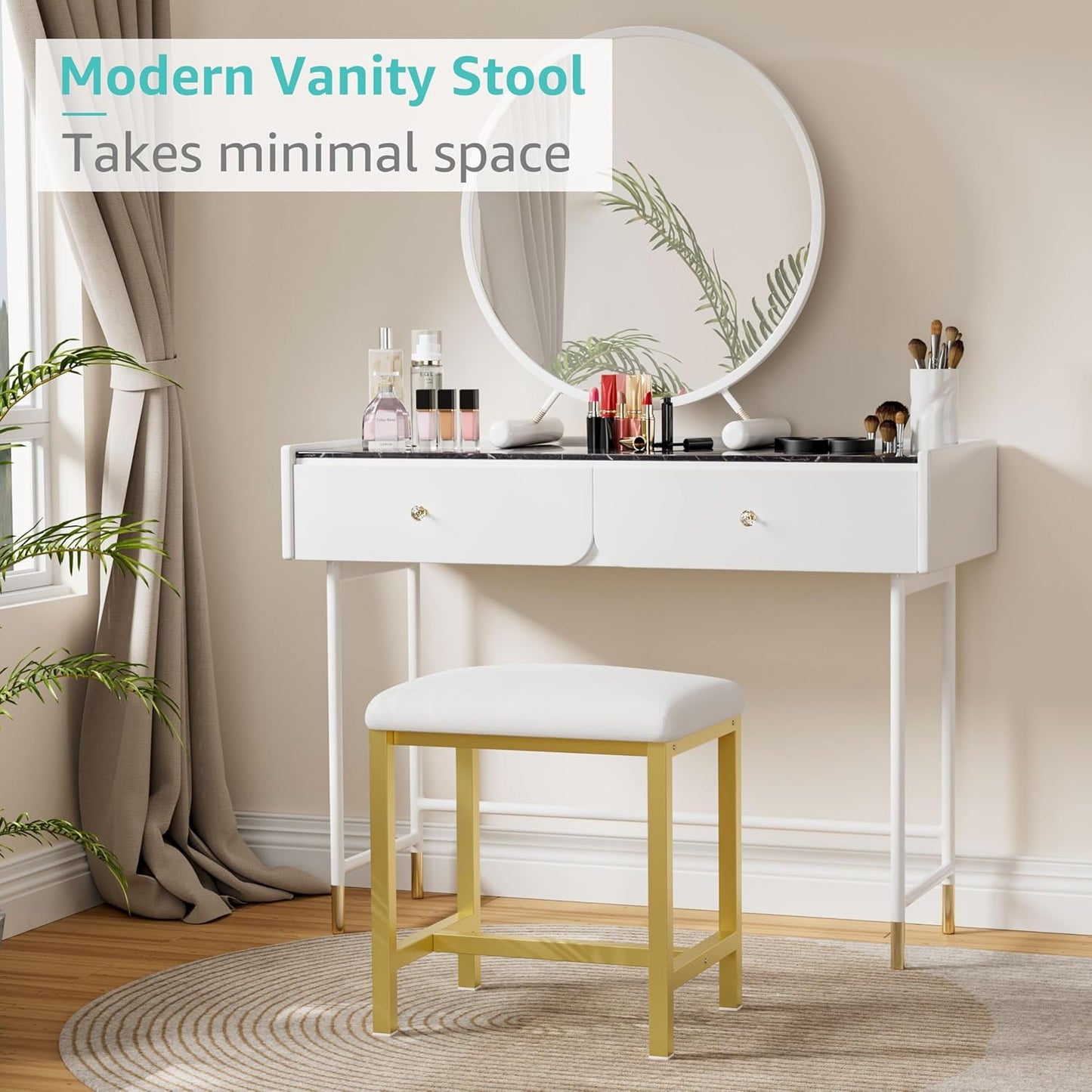 Small Vanity Stool, Cute Vanity Stools with Cushion, White Gold Makeup Vanity Chair for Small Spaces, Living Room, Bedroom, Bathroom, Entryway, Ottoman Foot Rest for Couch Sillas Modern