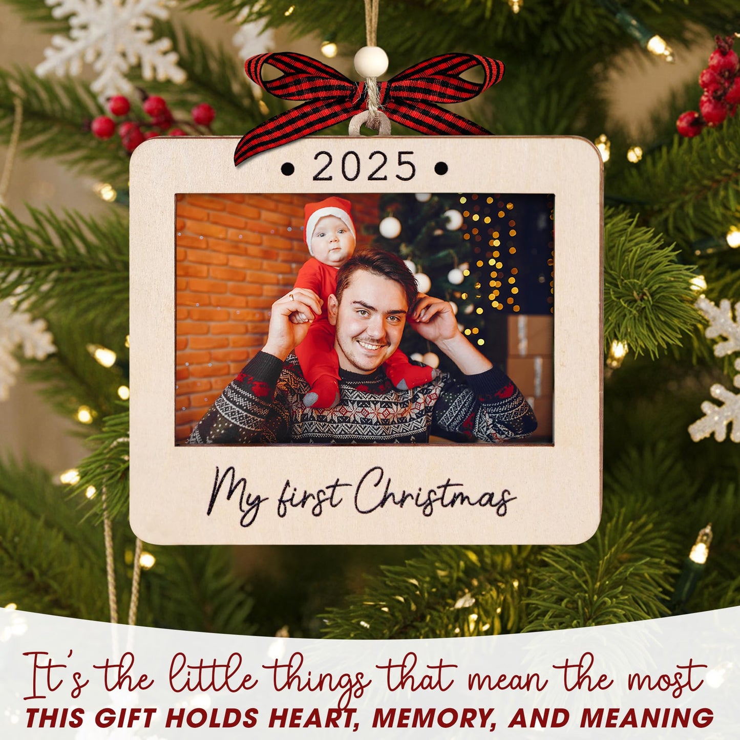 Hangwoous Baby's First Christmas Photo Frame Ornament 2025 | Wooden portrait frame keepsake, first Christmas photo gift for baby BST202