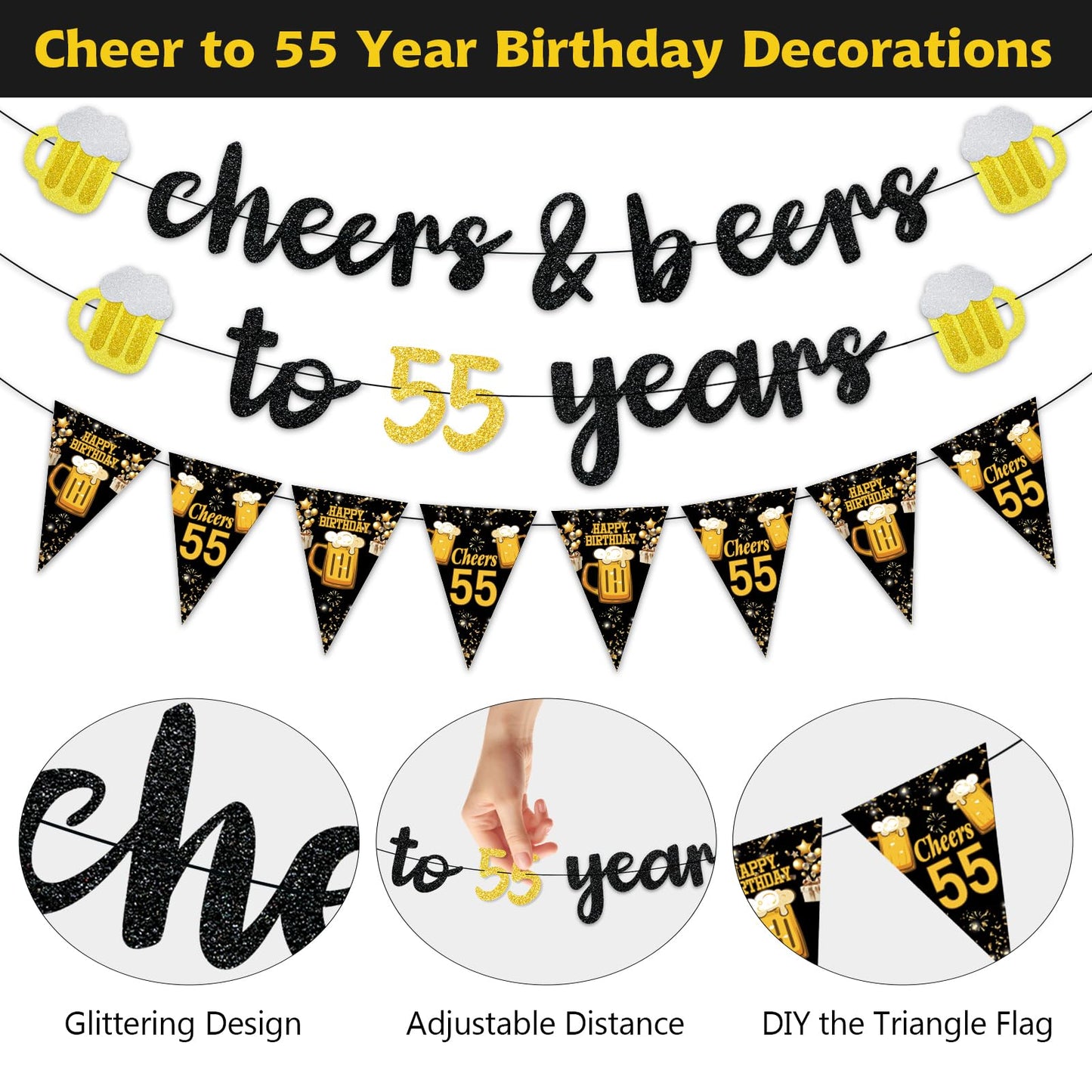 Black Gold 90th Birthday Decorations for Men Women, Glitter Pre-Strung Cheers to 90 Years Banner Hello 90 Hanging Swirls Paper Triangle Flag Banner Decorations Bday Party Supplies Kit WN420