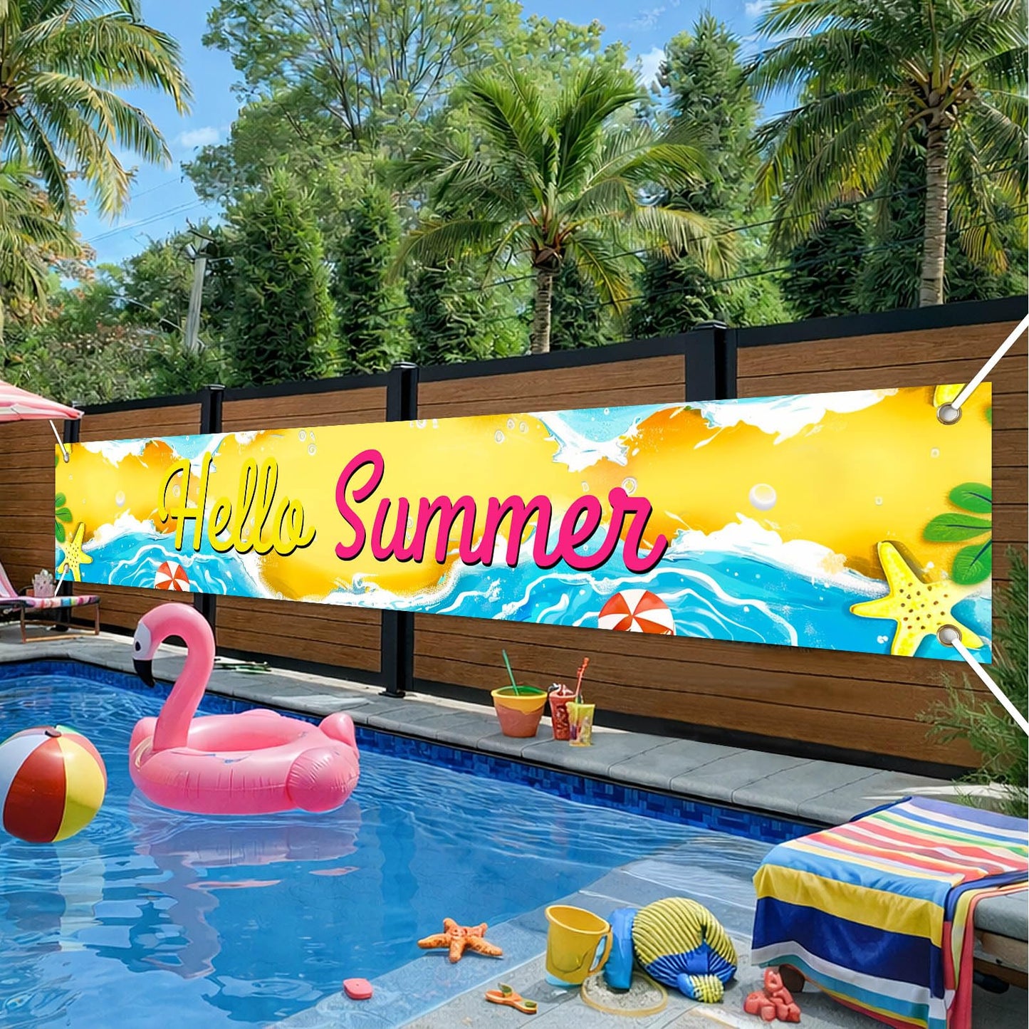 BlissYard Hello Summer Banner 118 x 20 Inch Pool Party Decorations Beach Surfboard Watermelon Tropical Fence Sign Hawaiian Luau Outdoor Backyard Wall Decor BST220