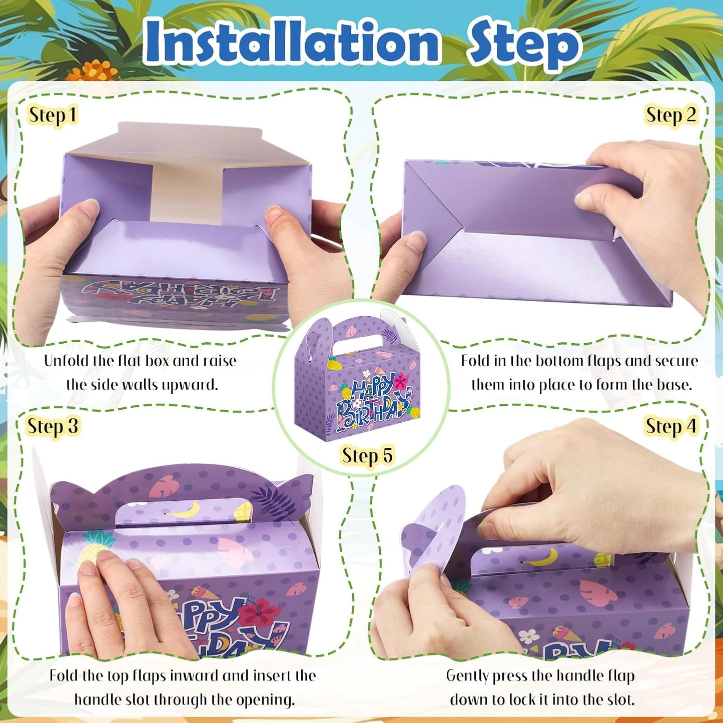 Wonderjune 24 Pack Hawaiian Tropical Treat Boxes 6 Cartoon Luau Styles Happy Birthday Party Favor Boxes with Handles Summer Birthday Beach Hawaii Themed Candy Gift Wrapping Giveaways Supplies BST202