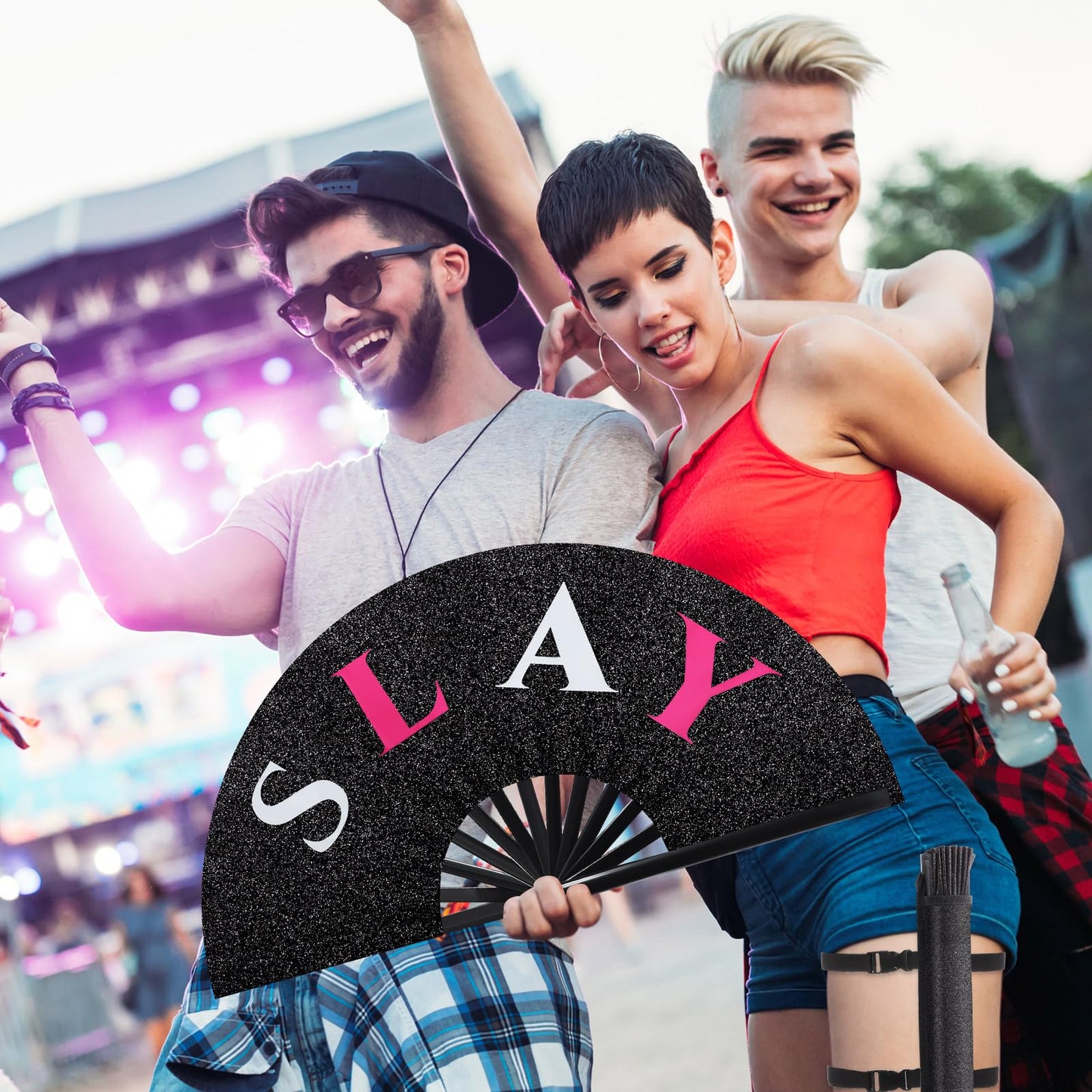 FairySandy Large Rave Fan UV Glow Clack Summer Hand Fan with Thigh Holster for Women Carnival Party Supplies for Carnival Edm Music Festival Club Accessories(Cool Style,Black) WN420