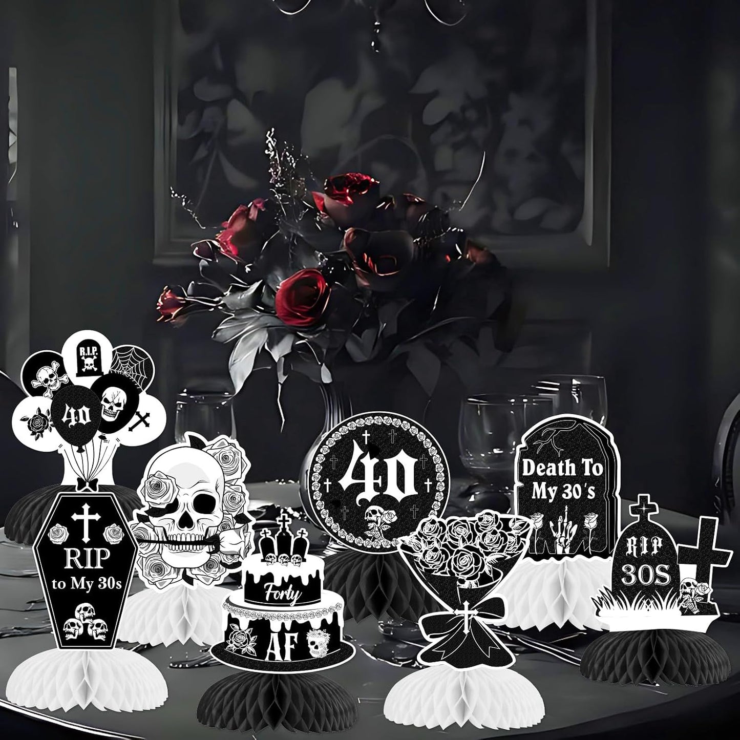 Death to My 30s Honeycomb Centerpieces Black Gothic 40th Birthday Decor | Rip to My 30s Honeycomb Centerpieces Table Gothic 40th Birthday Decoration for women 40th Birthday Party Supplies BST202