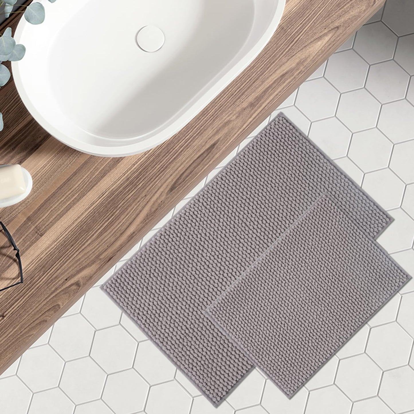 FRESHMINT Chenille Bathroom Rugs Sets 2 Piece 17"x24"+20"x32", Non-Slip Bath Mats, Absorbent Bath Rug, Washable Set of 2 Shower Floor Mat, Gray BST220