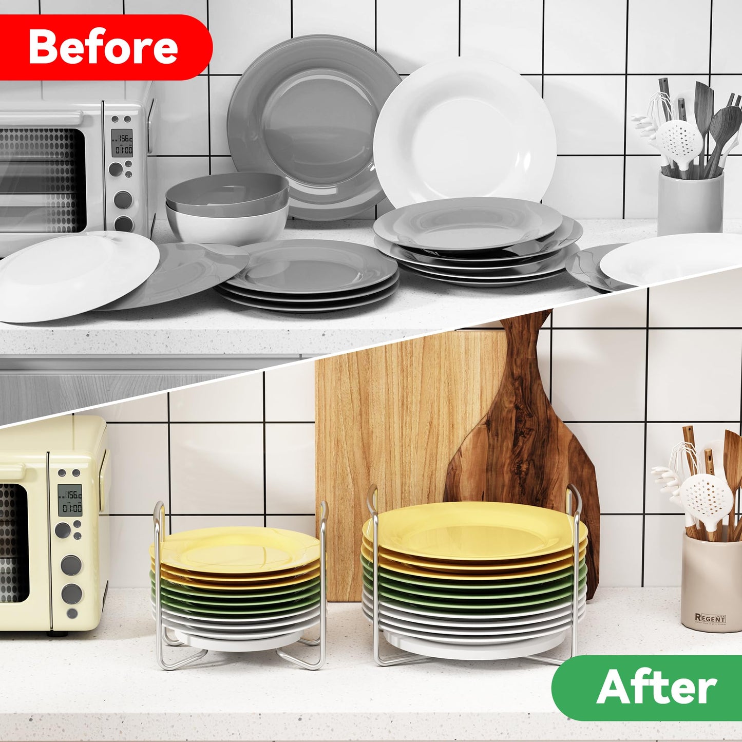 Plate Organizer for Kitchen Counter Bamboo Dish Racks for Cabinet Plate Holder for Kitchen Drawer Storage 2 Pack Adjustable for 6.75" to 8.5" Stainless Steel 304 Portable Handle BST220
