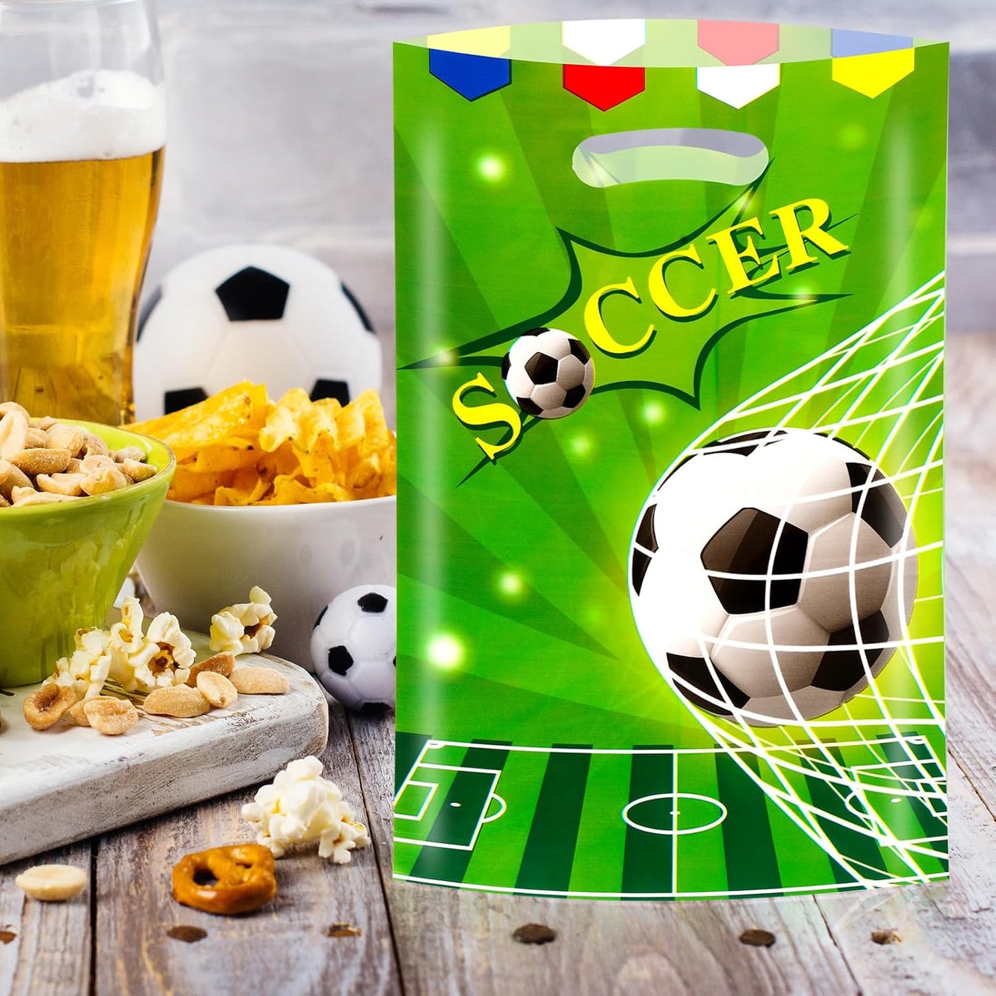 Konsait 50Pcs Soccer Goodie Bags with Handles, Football Themed Gift Bags for Birthday Party Favors, Team Celebrations and Game Day Decorations BST326L