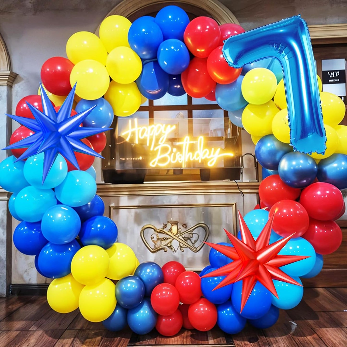 Red Yellow Blue Balloon Garland Arch Kit with Navy Blue 40 Inch Number 7 Balloon, 7th Birthday Decorations for Boy with Star Foil Balloons for 7 Year Old Theme Party Baby Shower Graduation WN420