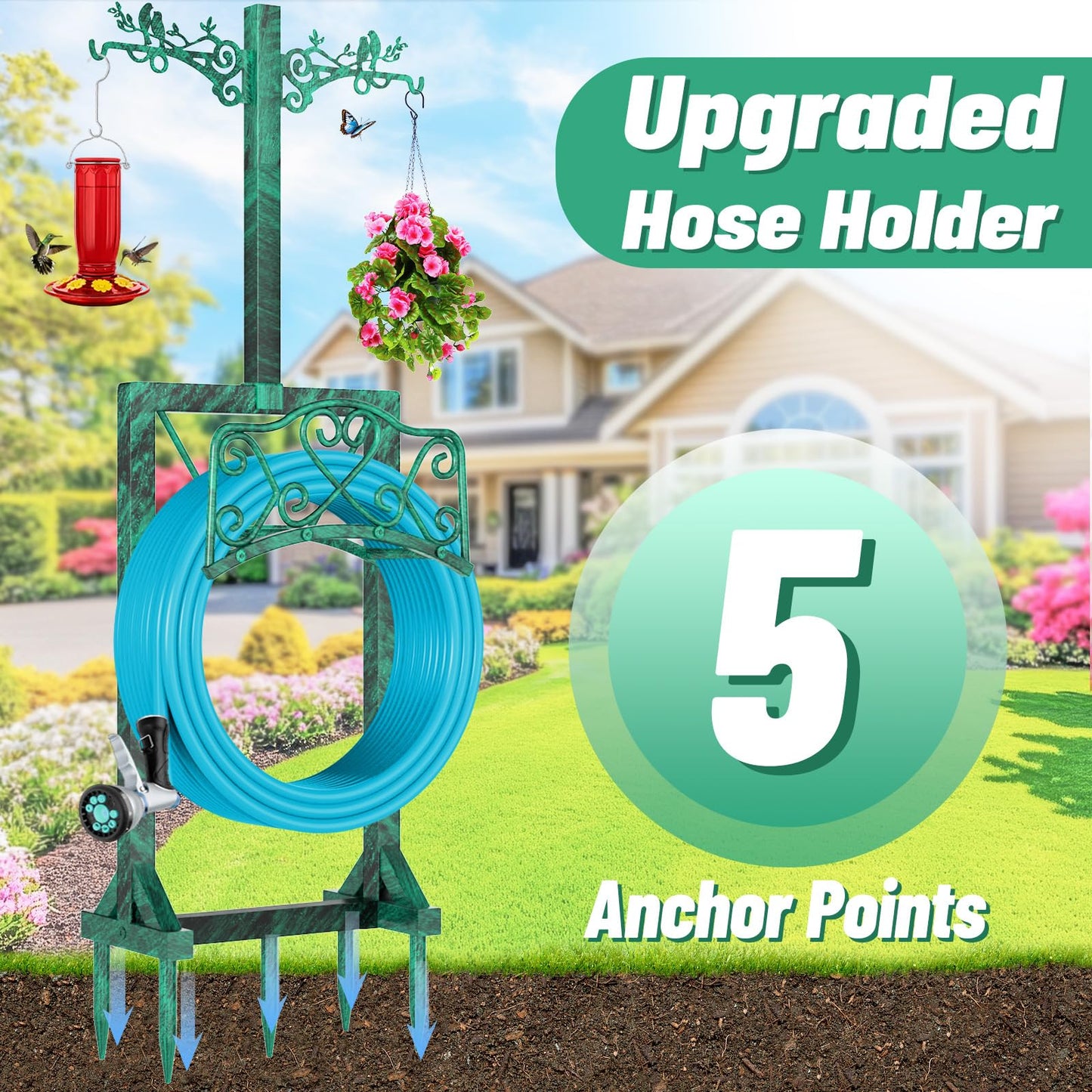 Garden Hose Holder, Freedstanding Heavy Duty Garden Water Hose Holder Stand with 2 Shepherds Hooks, Detachable Metal Hose Storage Hanger Rack for Outside Yard Lawn Farm DD1210