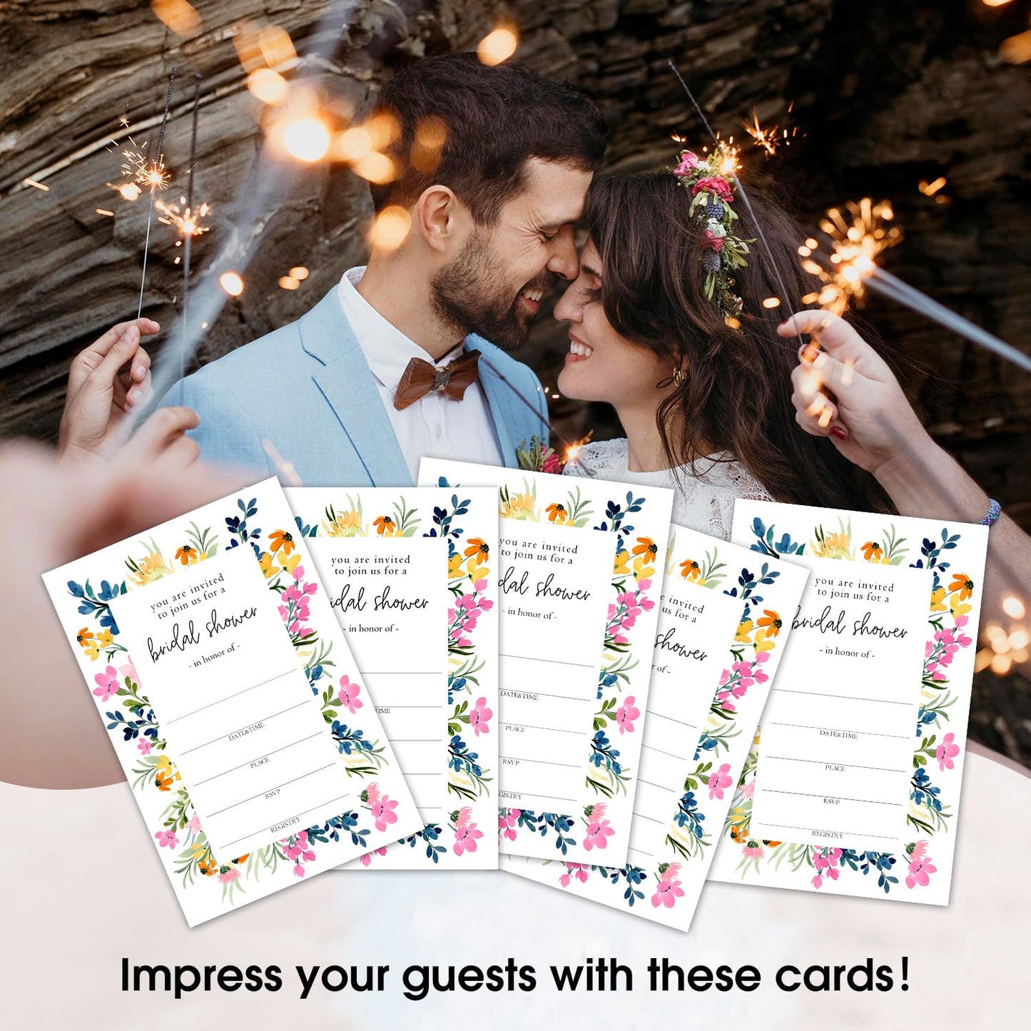 50 Years Anniversary Bridal Shower Invitations Cards, Set of 25 Gold Foil Floral Fill in Style 50th Year Wedding Invites Cards with Envelopes for Couples Marriage Party Supplies-T05 WN420