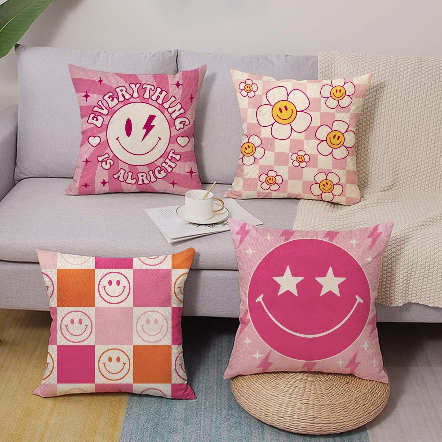 Groovy Smiling Face Inspirational Decorative Throw Pillow Covers | 20 x 20 Set of 4, Pink Hippie Smile Flower Porch Outdoor Home Decor, Motivational Quote Everything is Alright Couch Cushion BST202