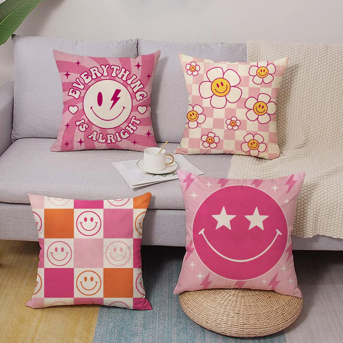 Groovy Smiling Face Inspirational Decorative Throw Pillow Covers | 20 x 20 Set of 4, Pink Hippie Smile Flower Porch Outdoor Home Decor, Motivational Quote Everything is Alright Couch Cushion BST202