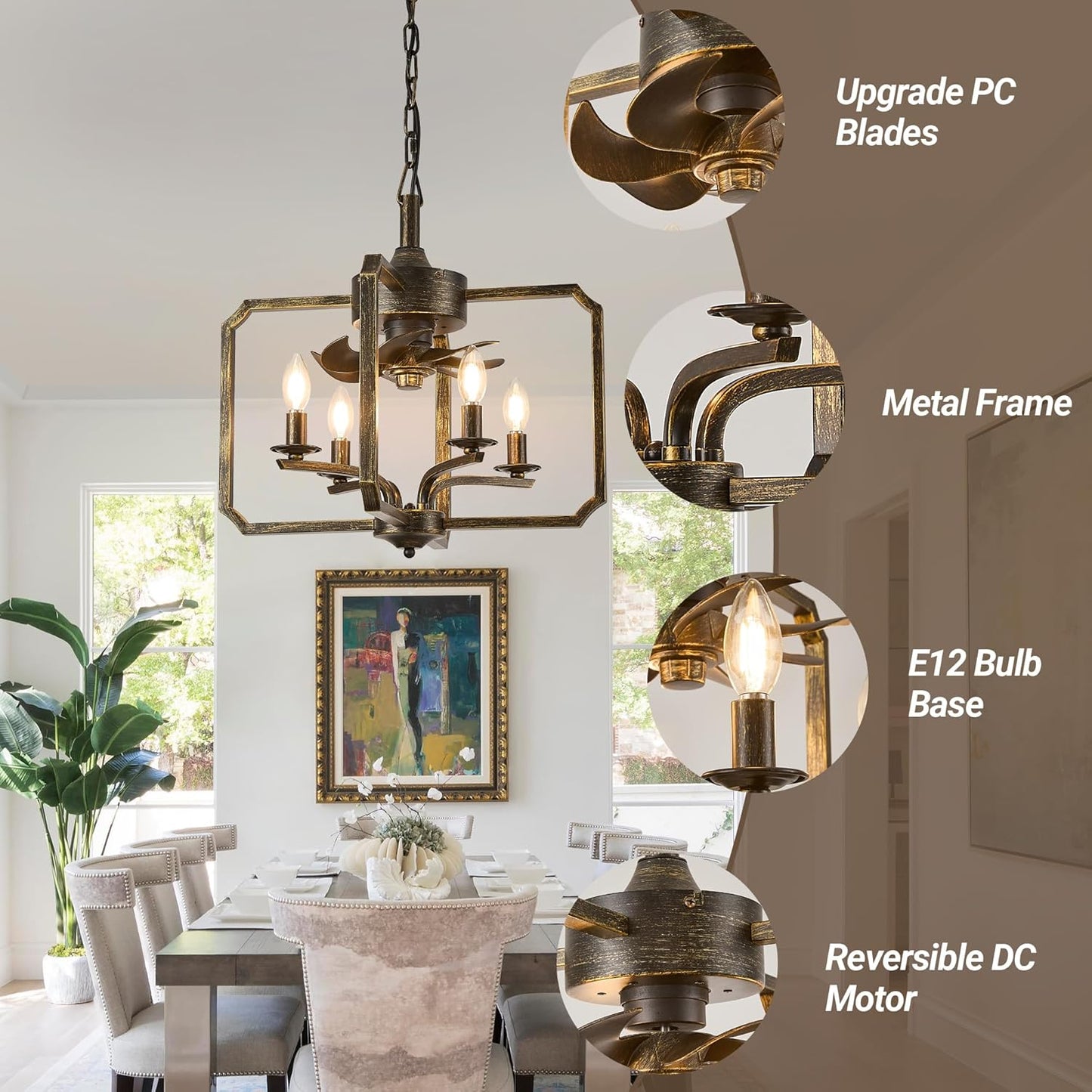 Chandelier Ceiling Fan, 20" Farmhouse Fandelier Ceiling Fans with Lights 46
