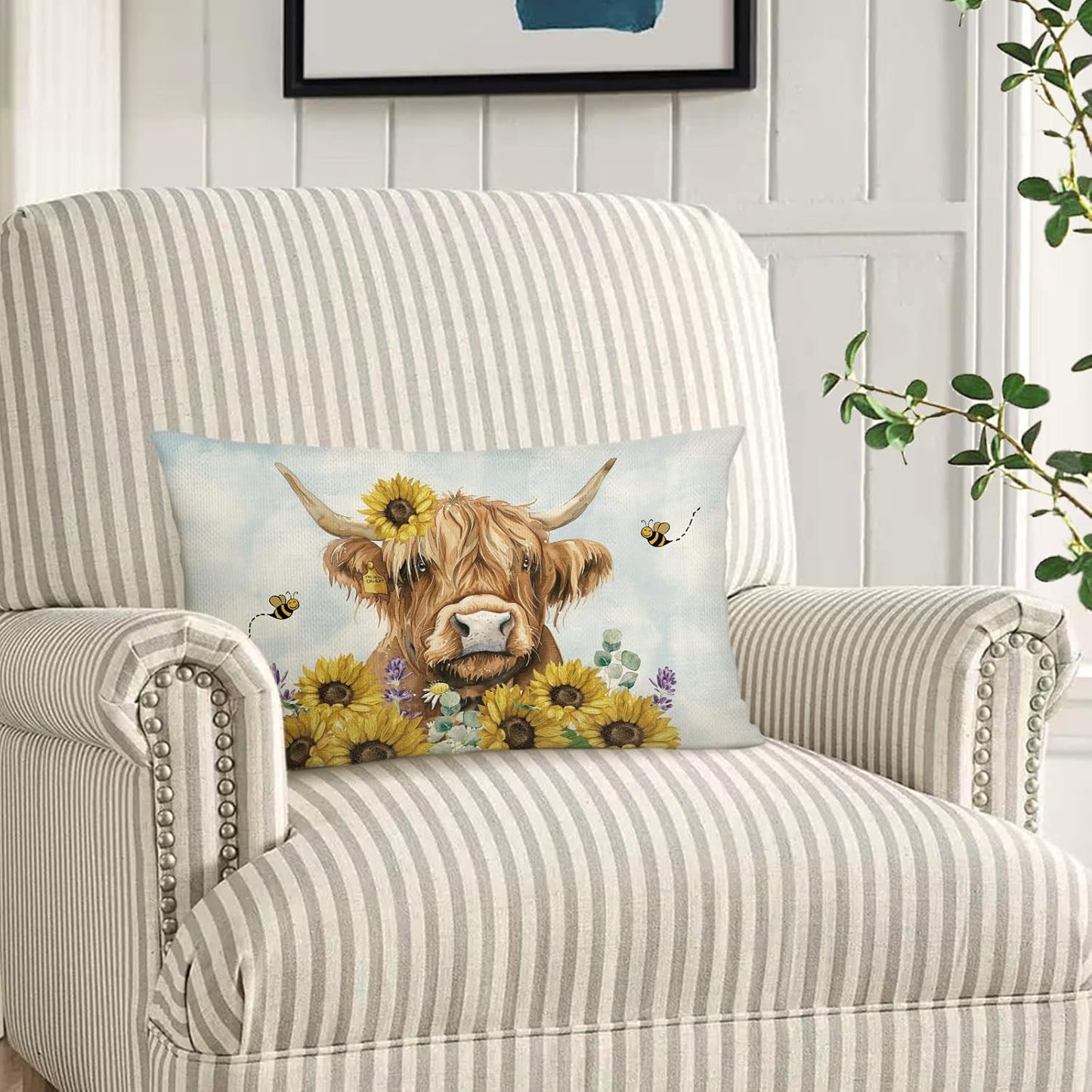 Sunflower Highland Cow Lumbar Throw Pillow Cover 12x20 Inch Summer Cushion Case Decoration for Sofa Couch BST202