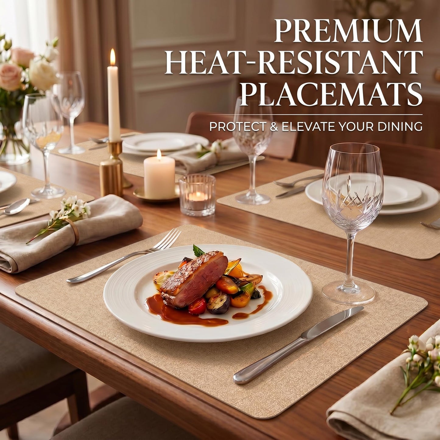Faux Leather Placemats Set of 6, Wipeable Waterproof Stain Resistant Table Mats, Heat Resistant Thick Placemats with Hand-Painted Edges for Kitchen Dining, Imitative Linen Texture, Various Shapes BST326H