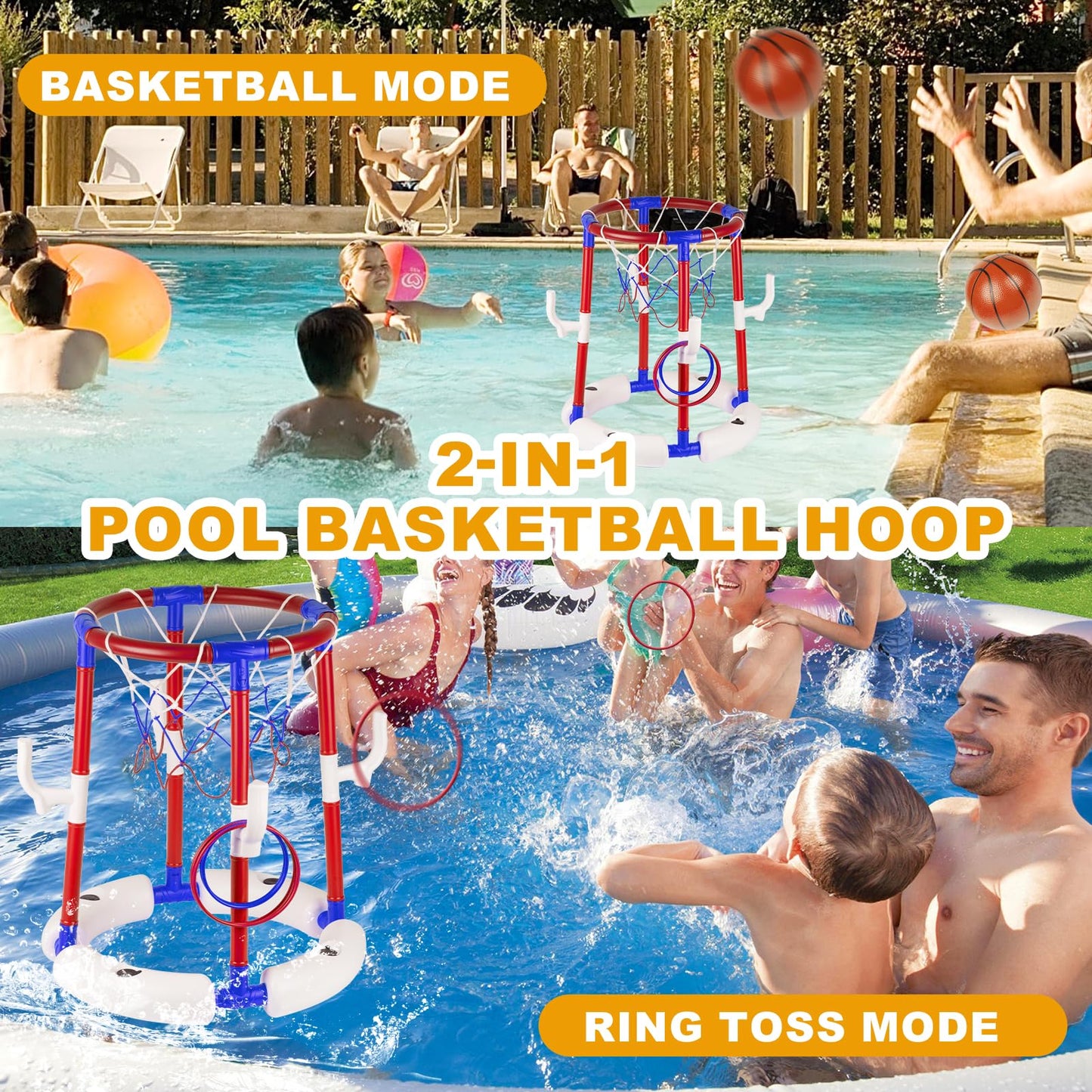 Taotuo Blue Floating Pool Basketball Hoop with Backboard, 2-in-1 Poor Toy Basketball & Ring Toss Game with 4 Balls, 6 Rings&Pump, Summer Pool Toys Outdoor Water Fun Family Party for Age 3-12 DD1210