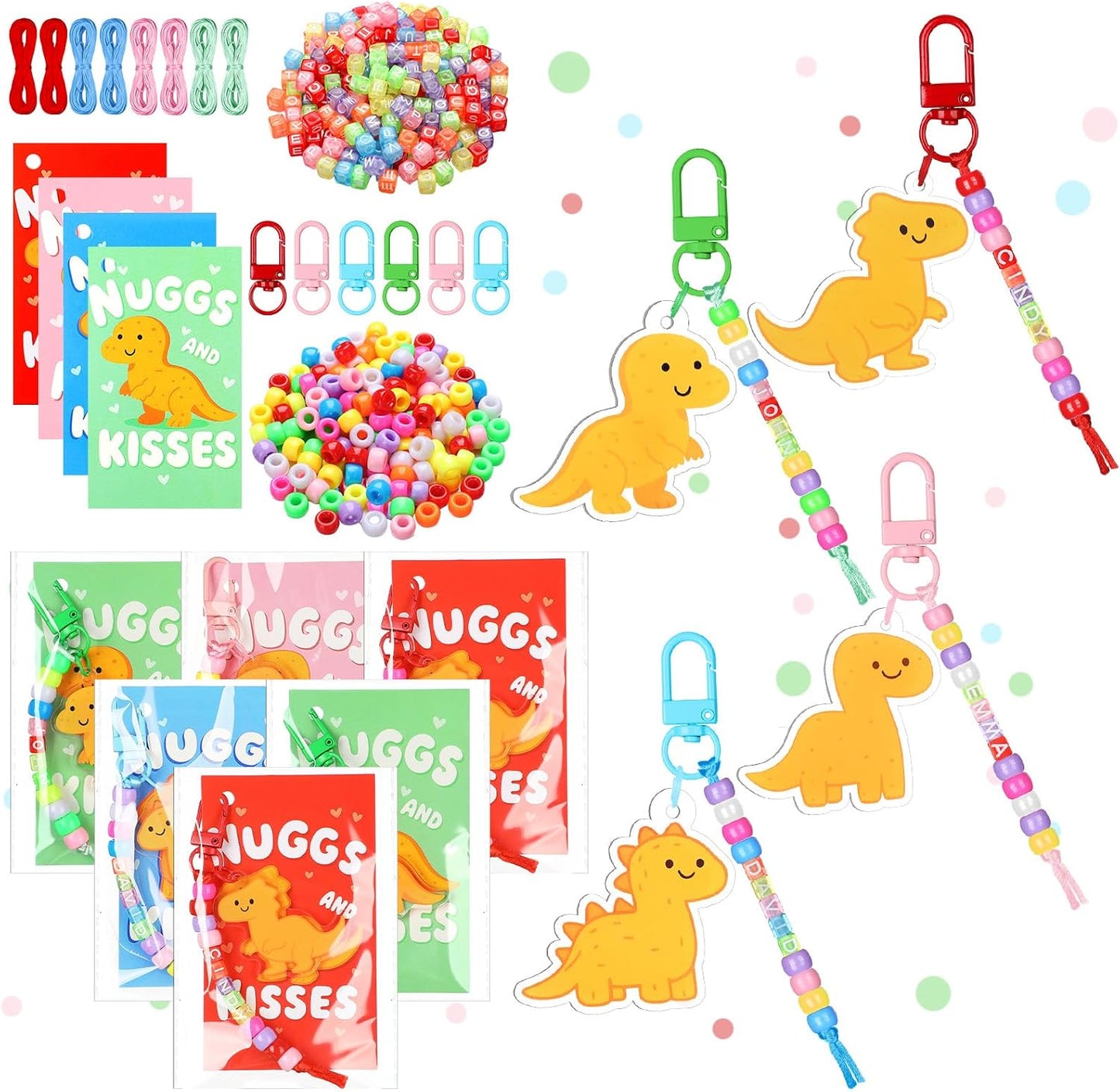 Suncalla 984 Pcs 24 Set Dinosaur Nugget Keychain Making Kit DIY Valentine's Key Chain Crafts Bead Adjustable Letter Beads Cards Strings Kit Gift Backpack Accessories Party Favors(Cute Color) WN420