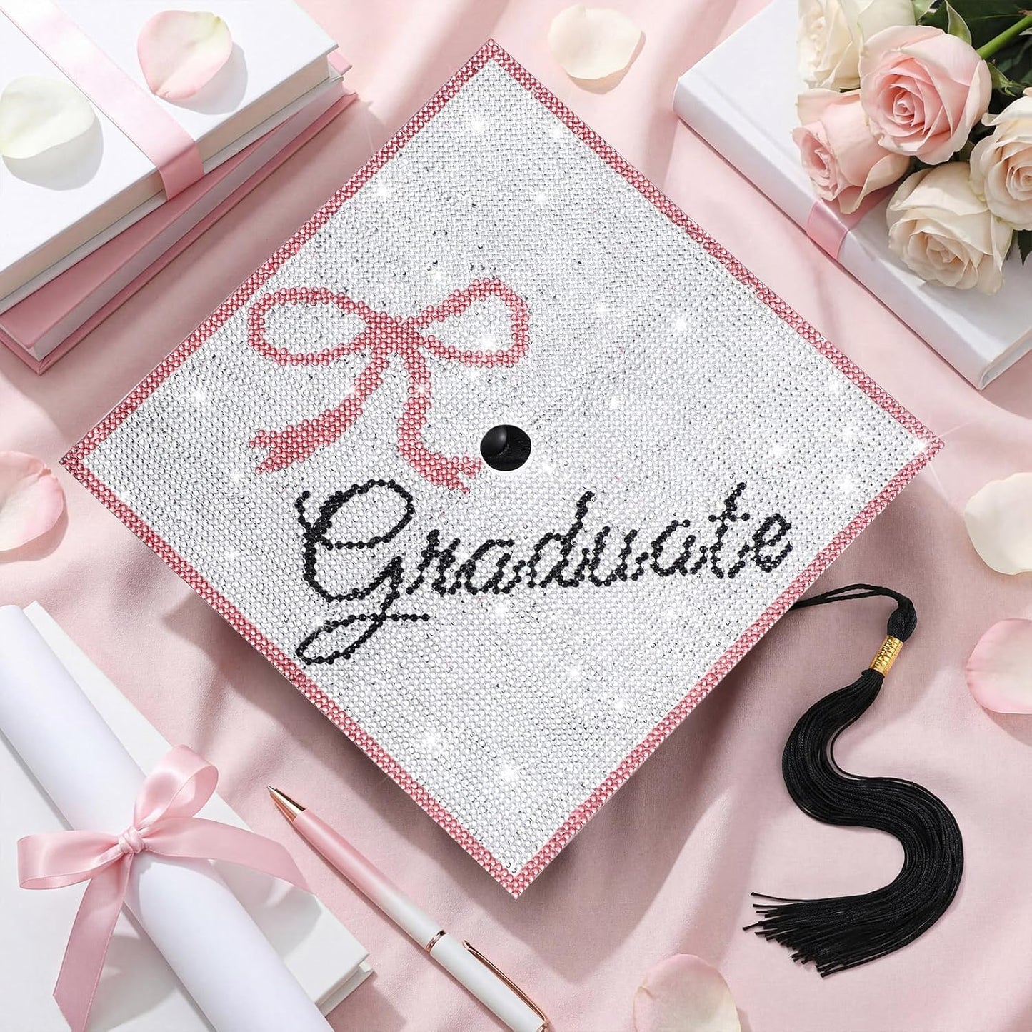 Knitgrip Graduation Cap Decoration Kit Pink Bow Diamond Grad Cap Topper for Her Graduation Gifts Glitter 2026 Diamond Painting Art Grad Hat Decorations for Girls DIY Craft Class of 2026 Graduate Gifts BST202