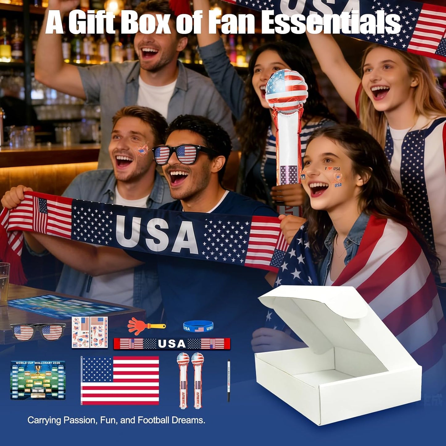 Large American Flag 3x5 Ft 59 x 35 in with Soccer Watch Party Accessories, Temporary Tattoos, Glasses, Scarf, Wristband, Thunder Sticks, Clapper, 2026 World Cup Wall Chart BST202
