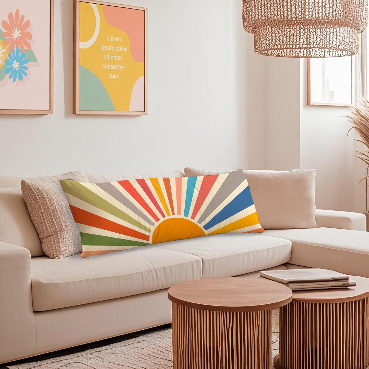 Boho Sun Sunshine 21x54 Body Pillow Cover Case, Modern Neutral Boho Horizontal Sun Sunset Sunrise Decorative Long Hug Pillow Cases for Bed Couch BST220