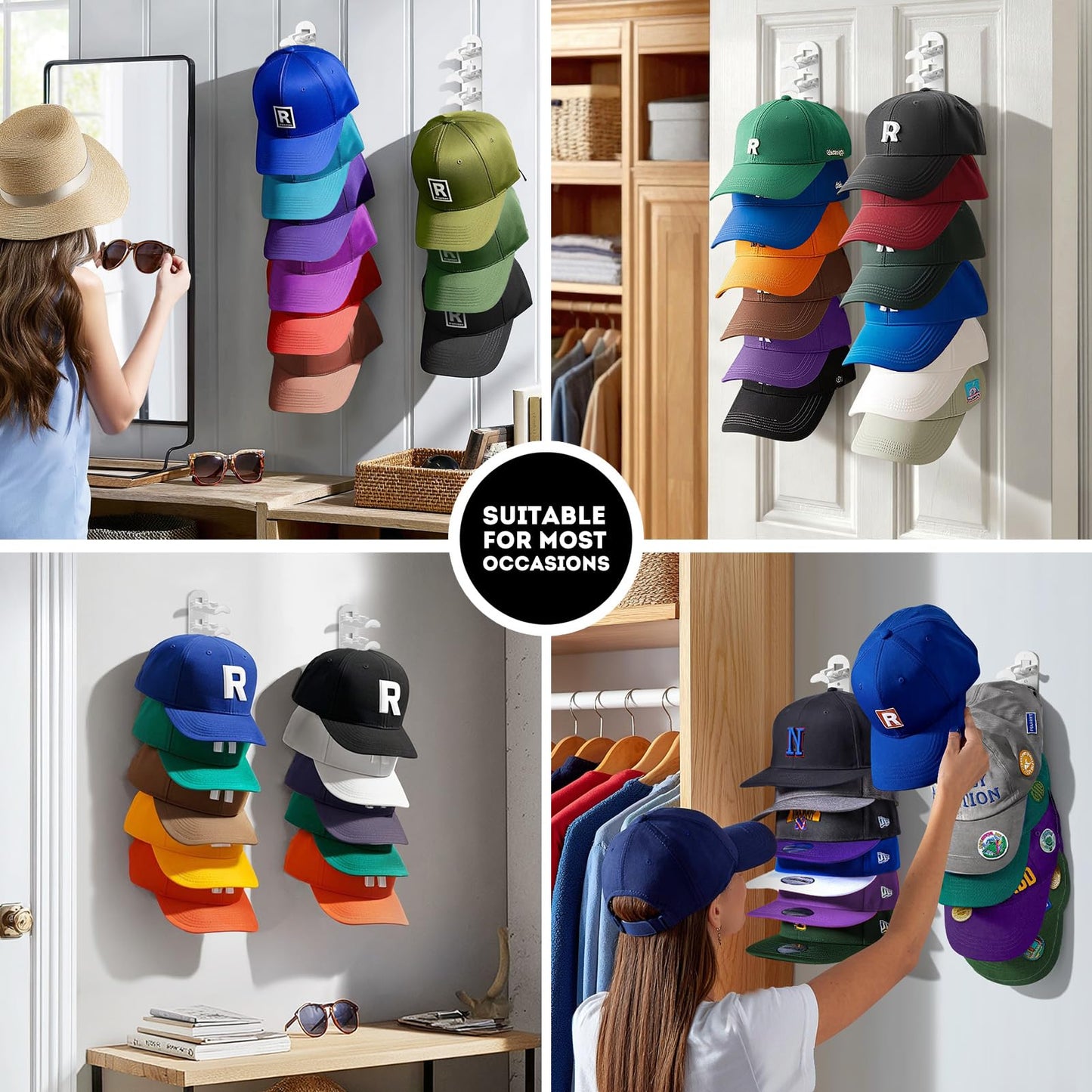 Hat Hook for Wall, 2 Pack Hat Organizer Hold up to 20 Hats,Hat Holder with Strong Adhesive and 8 Pack Screws, Cap Holder Hat Hangers for Wall Closet Door and Bedroom(B-Black) BST220