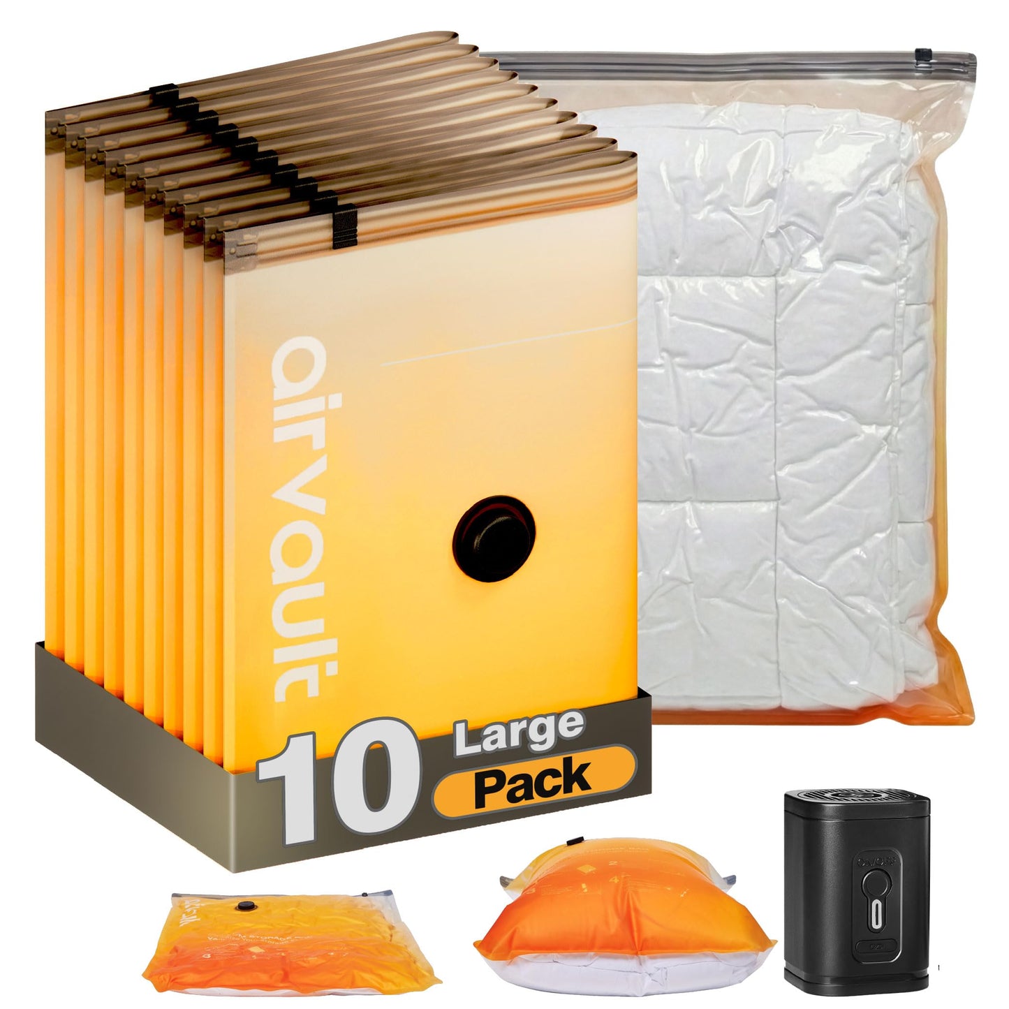 AirVault Vacuum Storage Bags for Travel & Home - Space Saver Compression Packing Bags Set for Clothes, Blankets & Seasonal Storage, Small (5), Medium (5), Large (5) (Orange,15-Pack Combo) BST326H