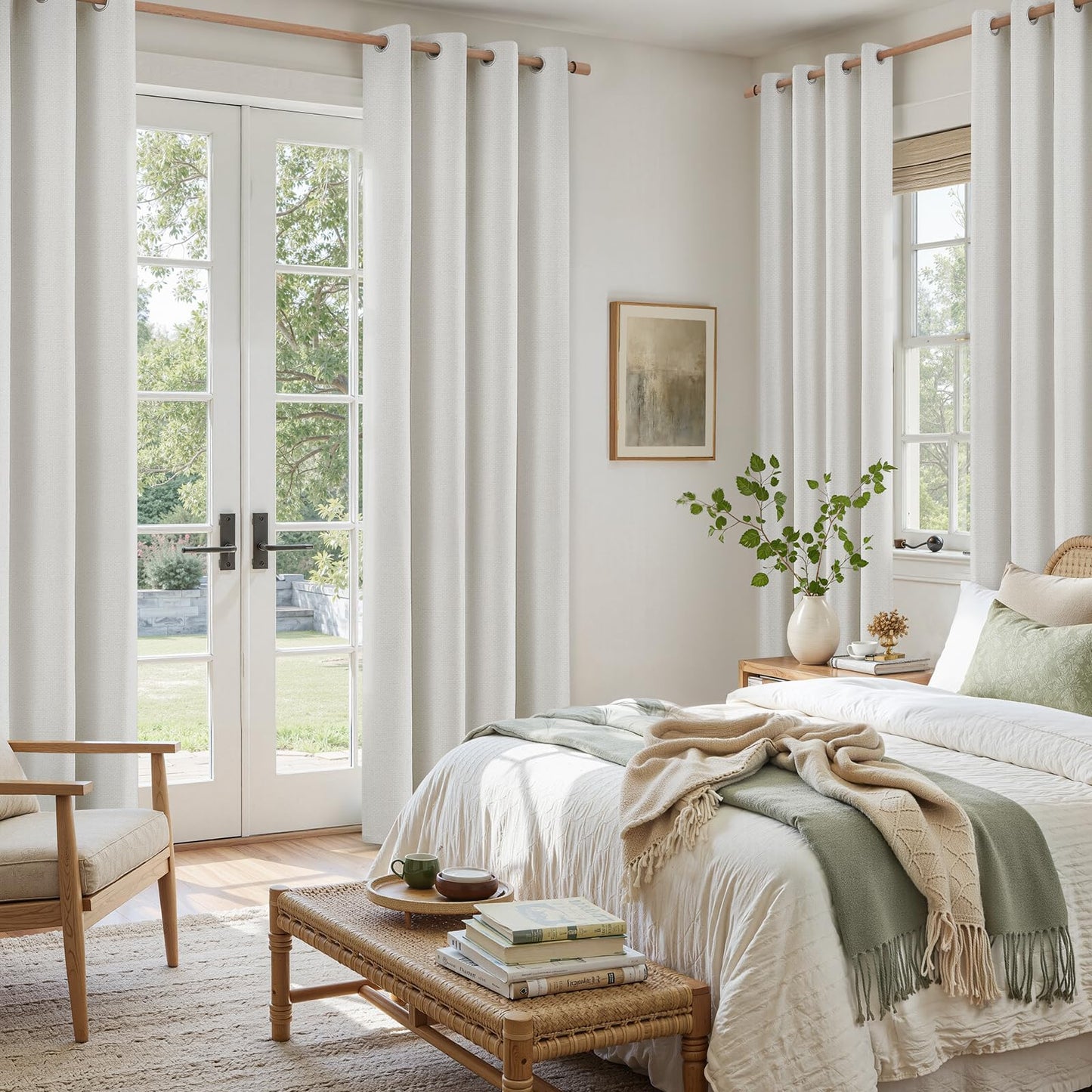 HOMEIDEAS 100% Ivory Cream Linen Blackout Curtains for Bedroom, 52 x 96 Inch Length 2 Panels Faux Linen Thermal Insulated Black Out Grommet Window Drapes for Living Room BST202