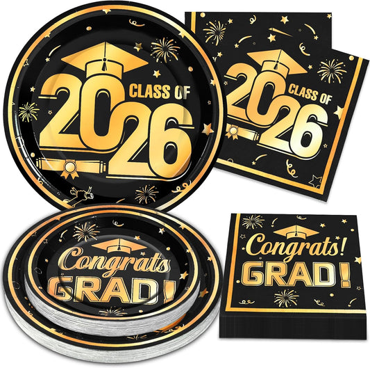 60Pcs Black Graduation Plates and Napkins 2026, Black and Gold Congrats Grad Class of 2026 Paper Plates Napkins Sets for College High School Graduation Party Decorations,Serves 20 BST326L
