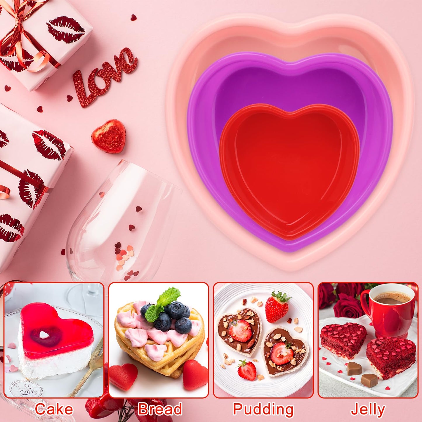 3 Pieces Silicone Heart Cake Pan, 5 8 10 inches Heart Shaped Cake Pan Nonstick Cheesecake Mold Reusable Food Grade Silicone Baking Mold for Baking Brownie Valentine Mother Wedding Birthday Day, Red BST326H