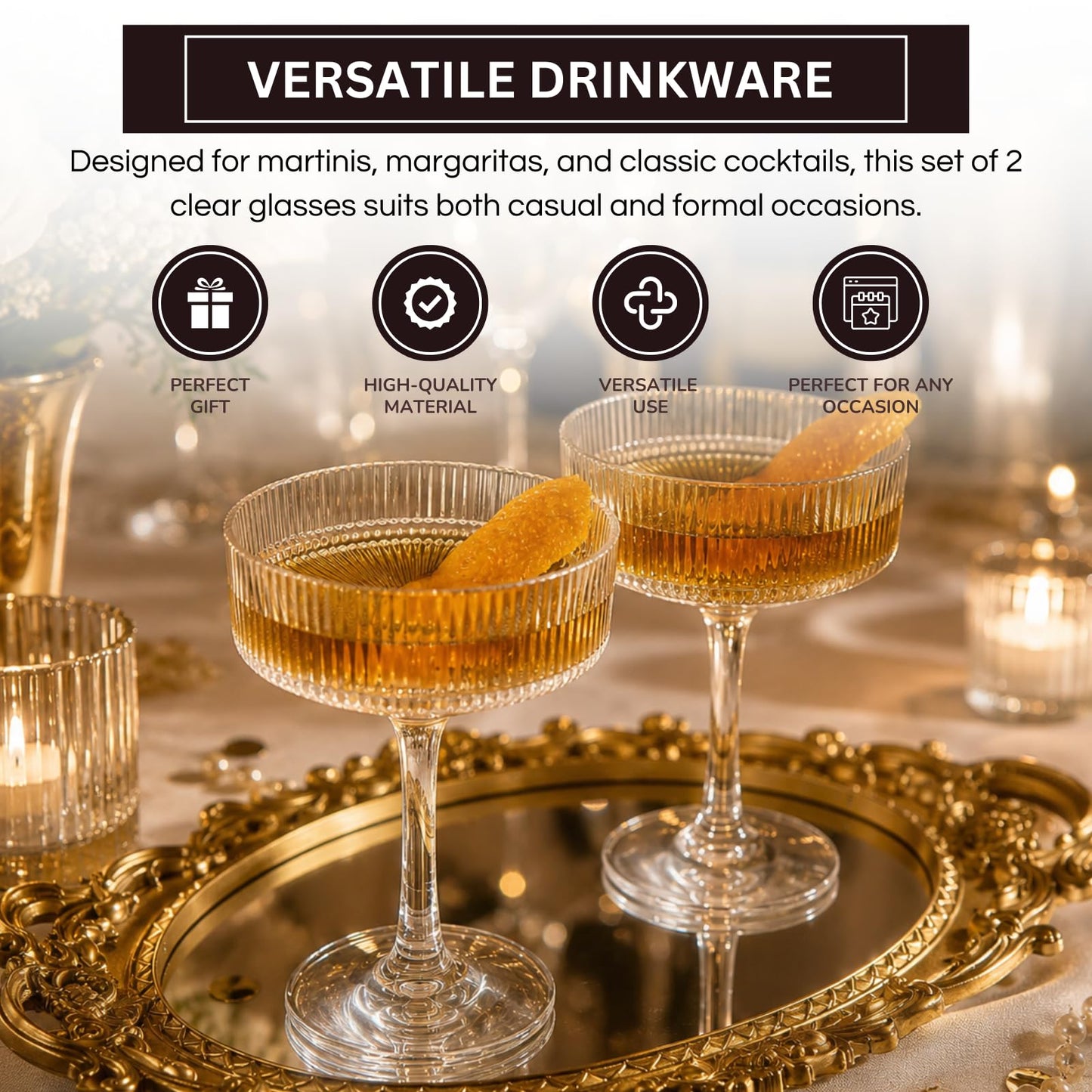 Khen Pink Peach Acrylic Ribbed Coupe Martini Champagne Cocktail Glasses, Set of 4, 8 oz Shatterproof Ripple Stemware European Style Reusable Drinkware Goblets, Indoor Outdoor Parties Weddings Bar Gift BST220