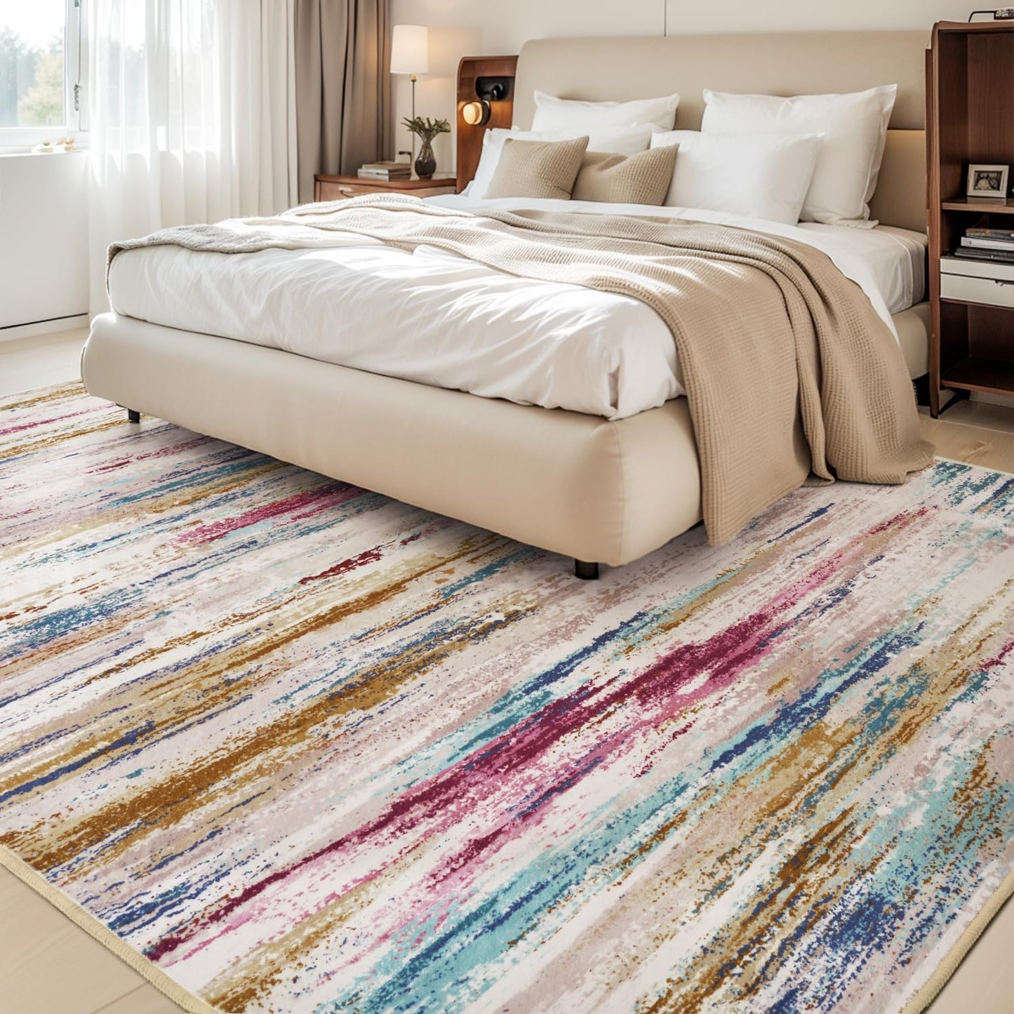 tchdio Round Rug 5FT Colorful Modern Abstract Circle Rug for Bedroom Non Slip Soft Circular Rug Carpet Washable Round Area Rug, Multi Color, 5FT BST220