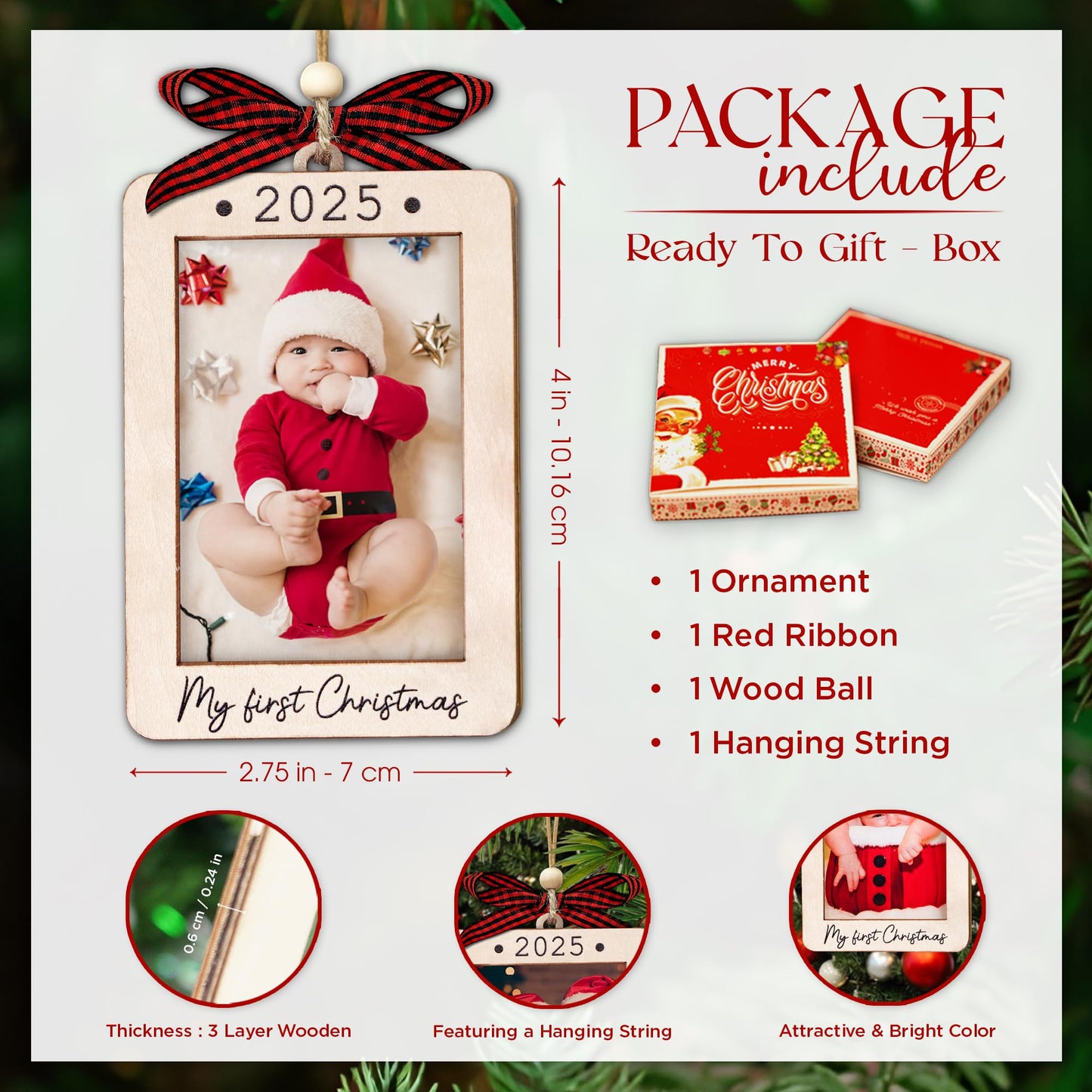 Hangwoous Baby's First Christmas Photo Frame Ornament 2025 | Wooden portrait frame keepsake, first Christmas photo gift for baby BST202