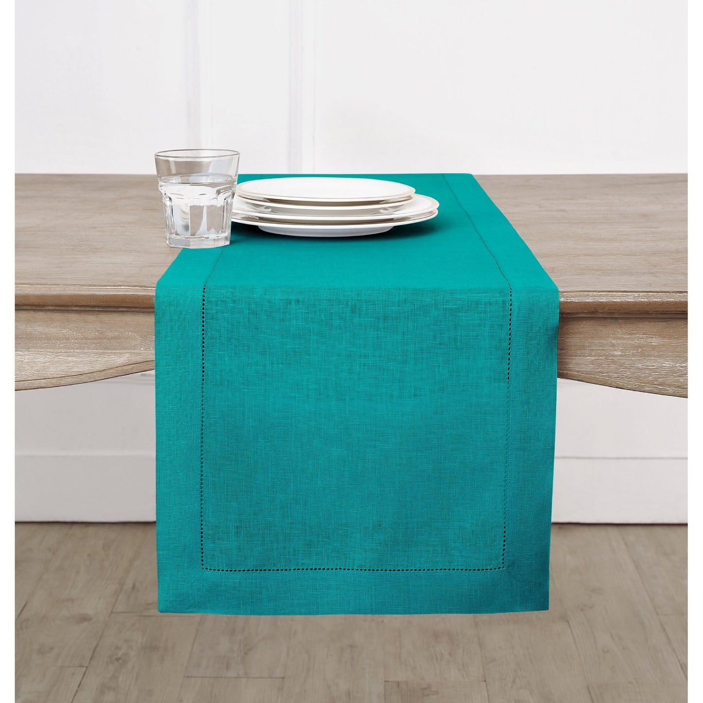 Solino Home 100% Pure Linen Table Runner Garden Green Hemstitch, 14 x 48 in | Classic Hemstitch Table Runners for dining, hallway and console table styling | hand hemstitched borders | OEKO-TEX Certified BST326SOLH