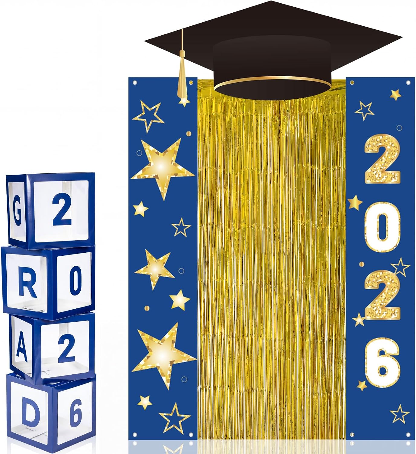 Frienda 9 Pcs 2026 Graduation Party Decoration Include Grad Box, Class of 2026 Graduation Door Porch Banner with Tinsel Curtain, Grad Photo Backdrop for College School Congrat Party Decoration(Blue) BST326H