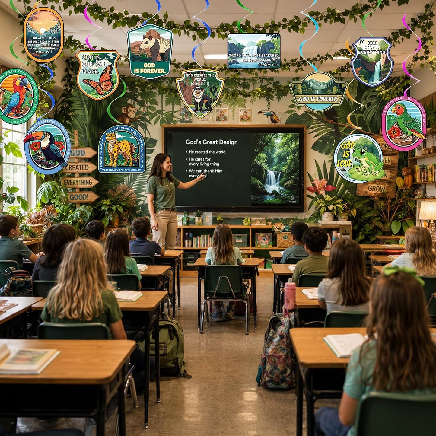 60 Pcs Vacation Bible School 2026 Party Decorations Rainforest Falls Hanging Swirl Vacation Bible School Rainforest Animal Ceiling Streamers Christian Verse Hanging Decor for Religious Classroom Decor BST202