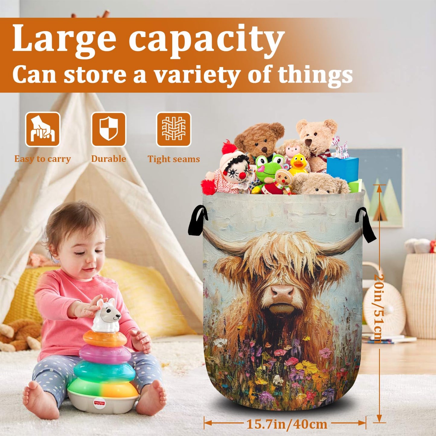 Nature Cow Print Laundry Basket with Sturdy Handles, Cow Skin Collapsible Oxford Cloth Laundry Hamper Organizer Basket for Bathroom Bedroom 15.7x20 Inch BST220