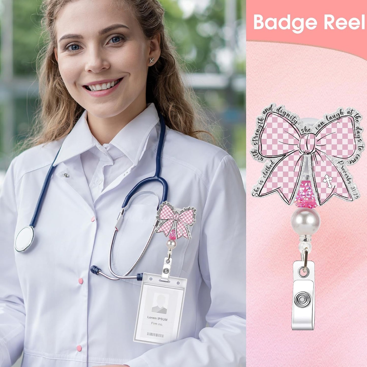 Christian Pink Bow Badge Reel, Bible Verse Proverbs 31:25 Retractable ID Holder with Swivel Clip, Faith Religious Badge Clip Work Accessories Gift for Women WN420