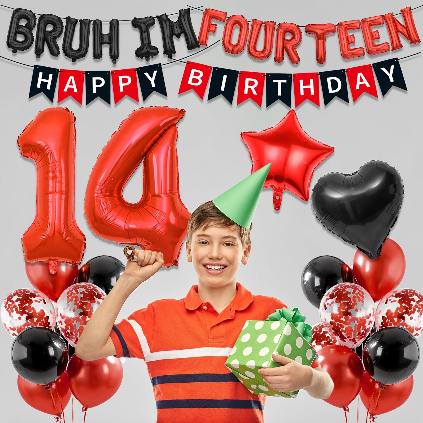 9th Birthday Decorations Boys Kit - 27 Pcs Red and Black Bruh Im Nine Balloon Banners Happy Birthday Fishtail Flags Number 9 Balloon Star Heart Balloons Set for 9 Year Old Party Decoration Supplies BST202