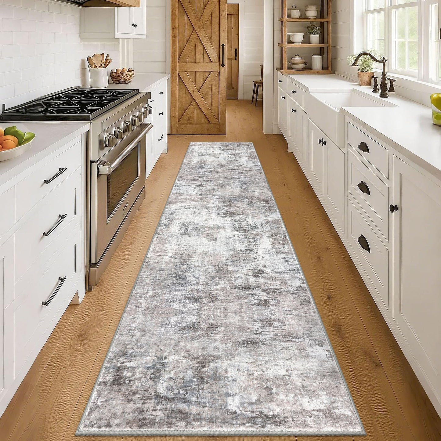 Lansny Modern Abstract Runner - 2x5, Beige Grey Washable Kitchen Entryway Rug Mat Non-Slip Soft Neutral Hallway Rug Thin Print Faux Wool Carpet for Bedroom Laundry Room Indoor BST220