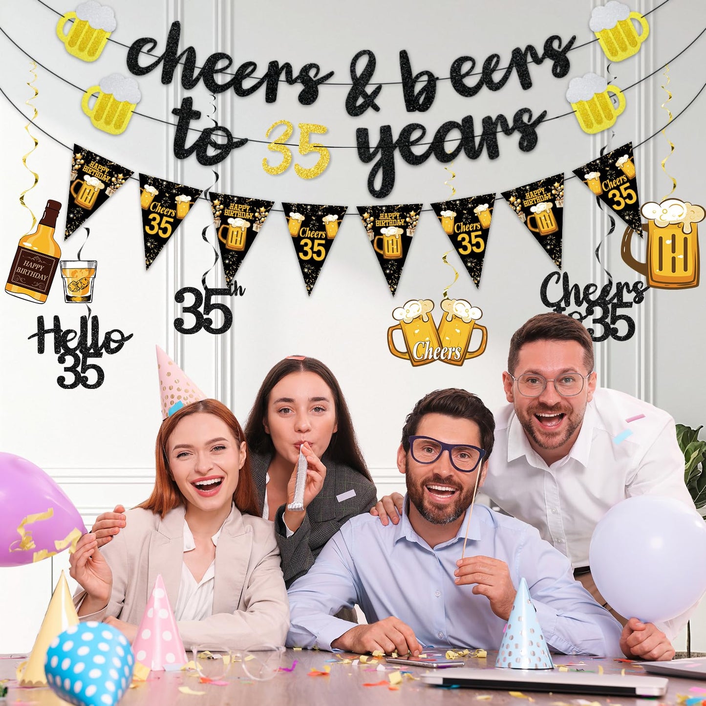 Black Gold 90th Birthday Decorations for Men Women, Glitter Pre-Strung Cheers to 90 Years Banner Hello 90 Hanging Swirls Paper Triangle Flag Banner Decorations Bday Party Supplies Kit WN420