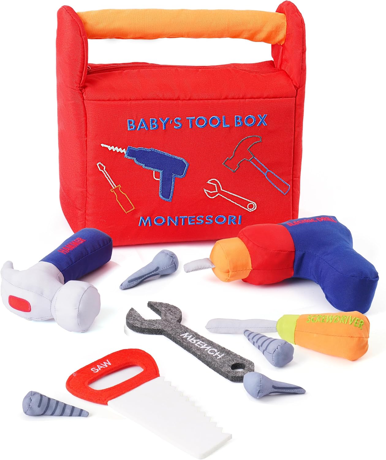 Jollybaby Soft Kid Tool Box Set Toy Inclub Drill Hammer Saw Wrench Screwdriver Screw for Baby, Montessori Preschool Educational Learning Construction Toys for Boy Birthday Gift - RED WN420