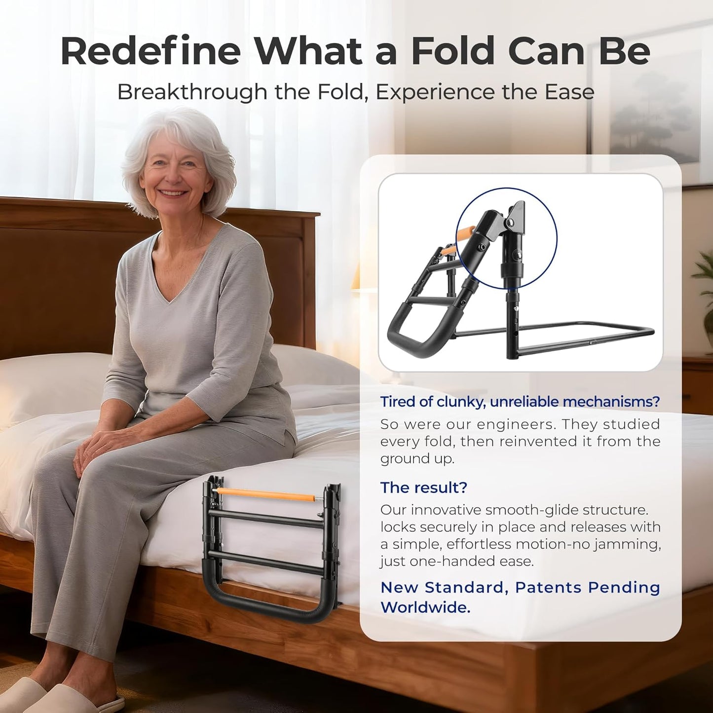 C1 Fold Bed Rails for Elderly Adults Safety - Foldable Bed Assist Rail with Adjustable Height, Tool-Free Folding, Sturdy up to 350 Lbs, Bed Cane Fits King Queen Twin Beds