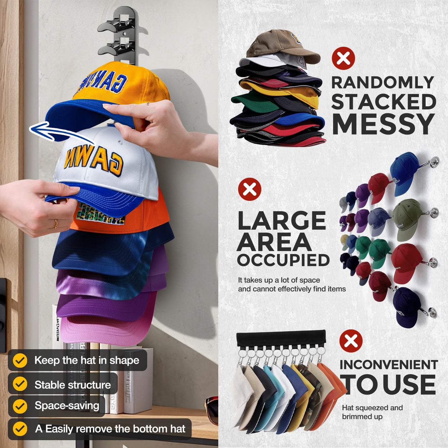 Hat Hook for Wall, 2 Pack Hat Organizer Hold up to 20 Hats,Hat Holder with Strong Adhesive and 8 Pack Screws, Cap Holder Hat Hangers for Wall Closet Door and Bedroom(B-Black) BST220