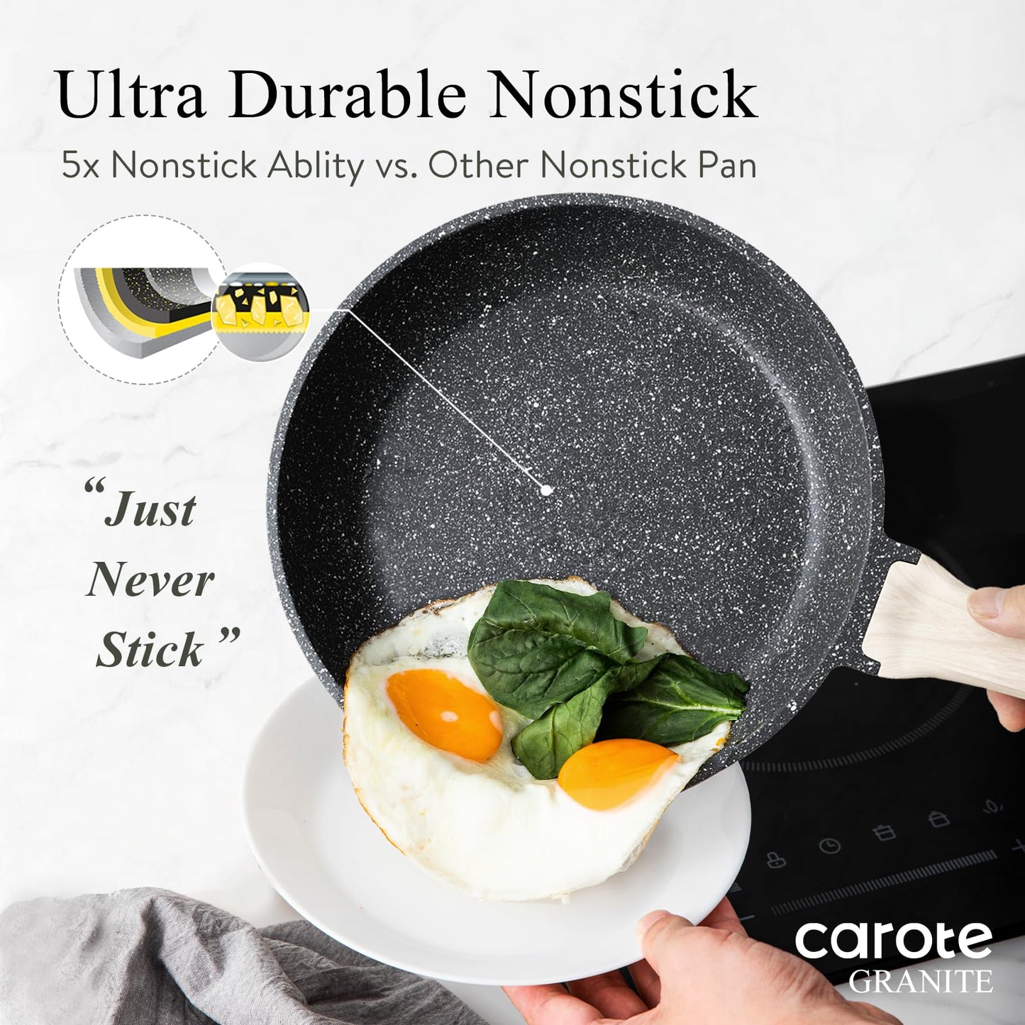 CAROTE Non Stick Frying Pan, 12 Inch Cream White Skillet with Glass Lid | Non Toxic Kitchen Healthy Cookware, Compatible with All Stovetop, Easy to Clean, PFOA Free BST202