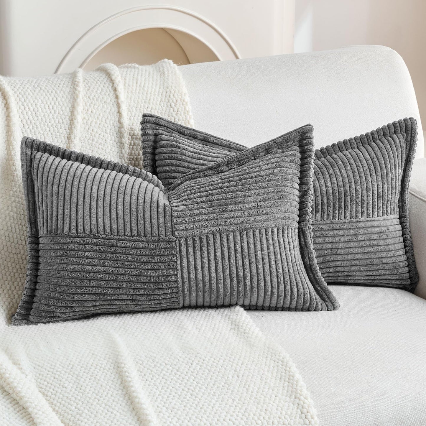 HAUSSY Pack of 2 Corduroy Throw Pillow Covers26x26 Inch, Rust | Decorative Striped Soft Boho Farmhouse Pillowcases, Machine Washable, Couch Bed Sofa Living Room Home Decor, No Insert BST202