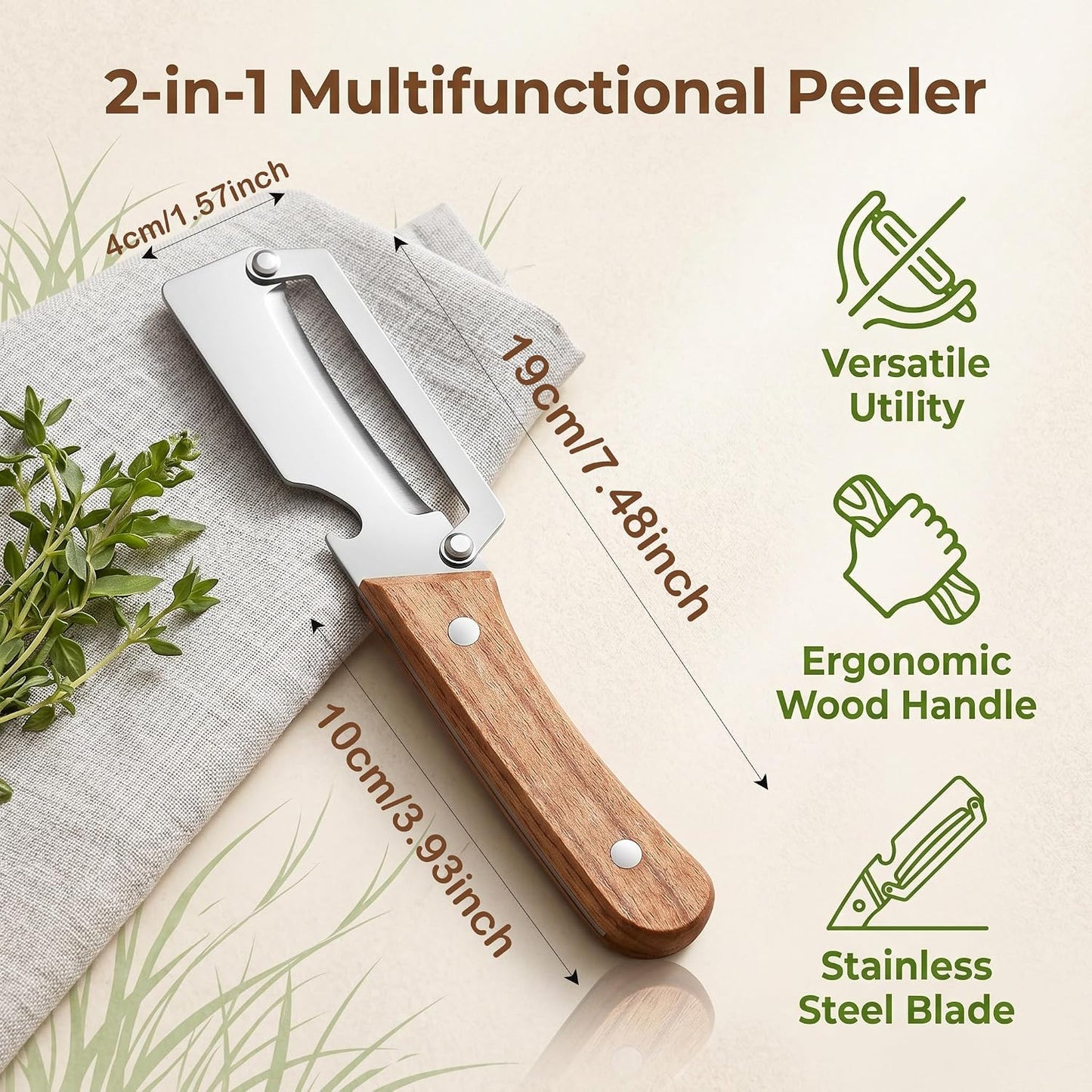 2 in 1 Multi Functional Vegetable Peeler with Bottle Opener,Wooden Handle Stainless Steel Fruit Peelers For Kitchen,Suitable For Sugar Cane Potato Fruit Pineapple Pumpkin, Effortless Peeling BST202